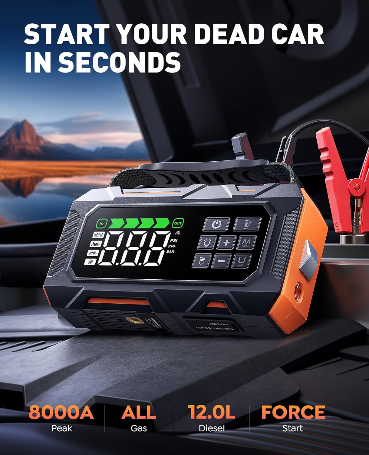 TREKURE 16-in-1 8000A Car Battery Jump Starter with Air Compressor 160PSI, Jump Starter Jump Box (All Gas 12L Diesel) with Portable Jumper Cables