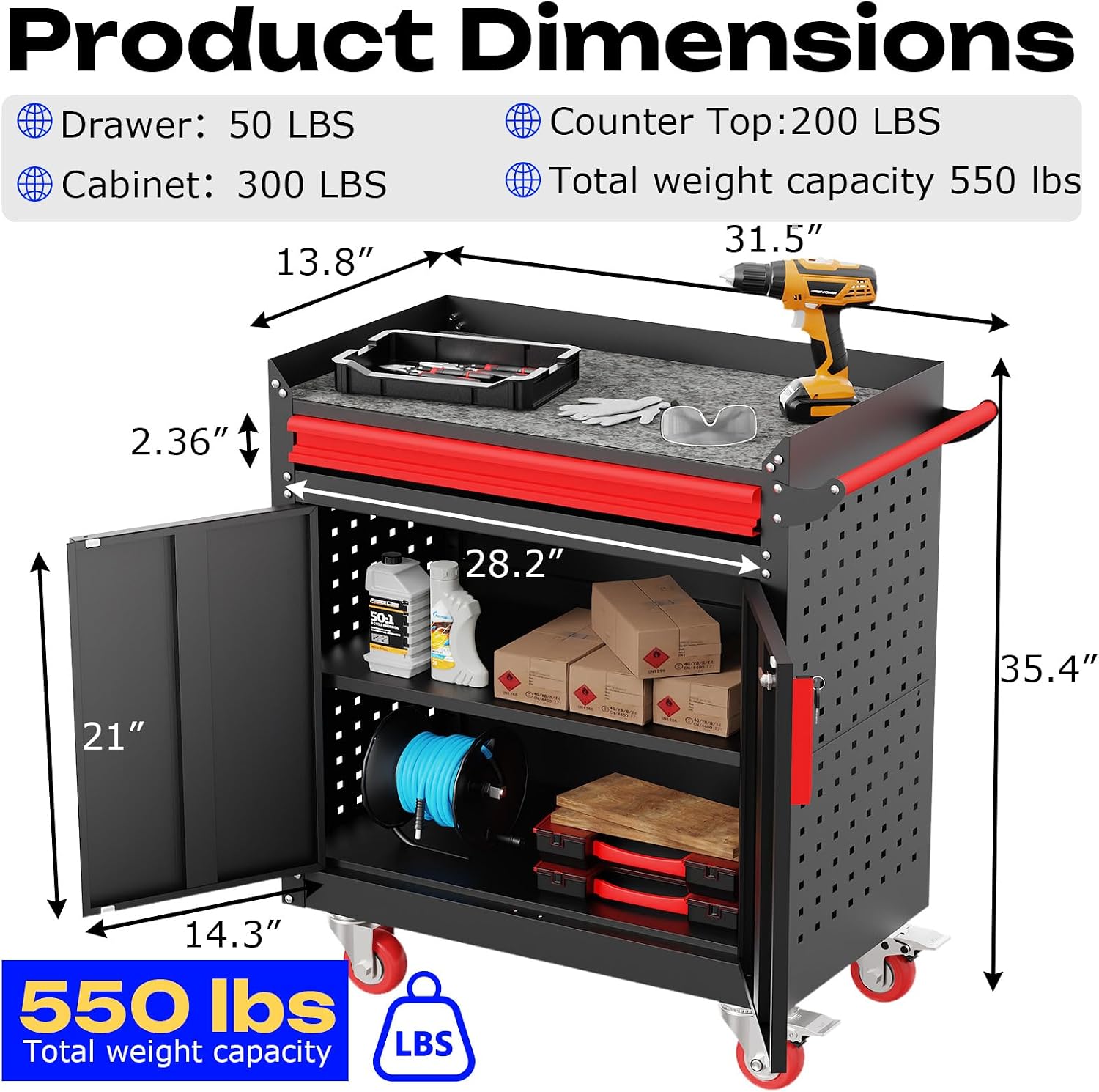 LMTC Heavy Duty Utility Cart, Metal Utility Service Cart 550 lbs Capacity, Rolling Tool Cart with Locking Casters, Adjustable Shelf for Warehouse