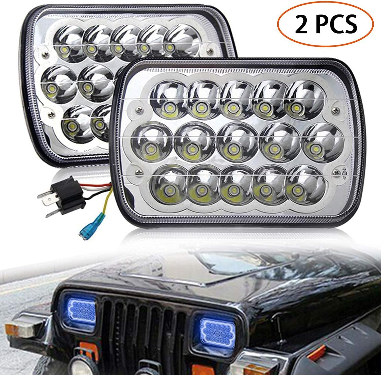 ROLINGER 2PCS Plug&Play Sealed Beam LED Light 7x6 5x7 with Blue Halo Ring | H6054 Auto Lights Off Road Compatible with Wrangler YJ XJ Cherokee E250