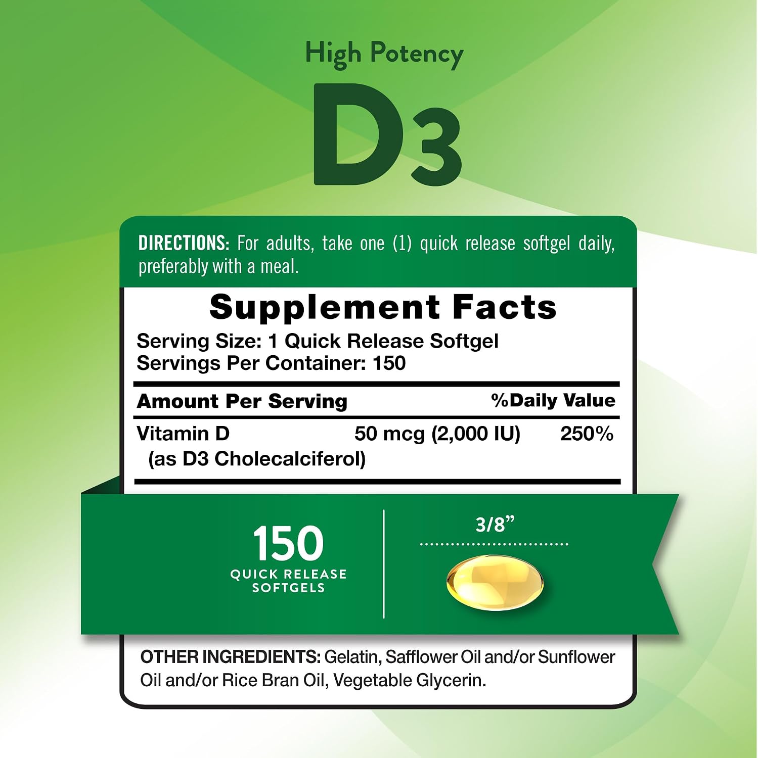 Nature's Truth Vitamin D3 2000 IU Softgels for Adults | 150 Count | High Potency | Non-GMO and Gluten Free Supplement | High Potency | Non-GMO and