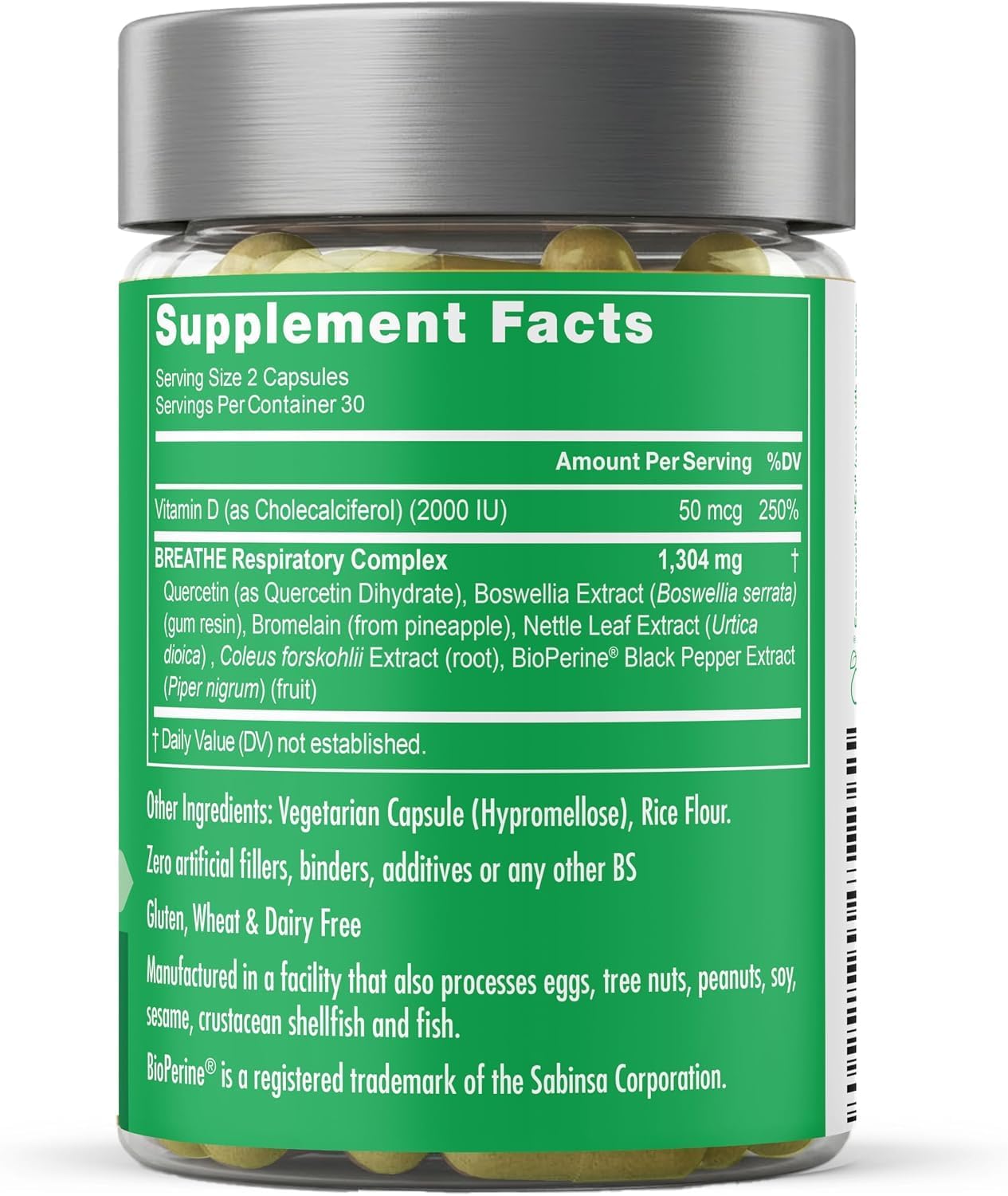 Breathe Inhaler Support Supplement - Sinus, Lungs, Open & Clear Airways - Seasonal Nasal Health, Bronchial Wellness, Healthy Chest - Quercetin, Vitamin D, Bromelain Pills - 60 Vegetarian Soft Capsules