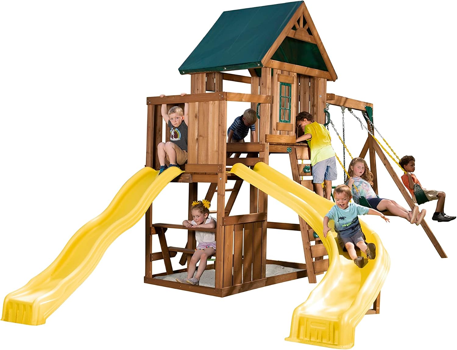 Swing-N-Slide WS 8355 Castlebrook Swing Set with Two Slides, Swings & Climbing Wall, Wood