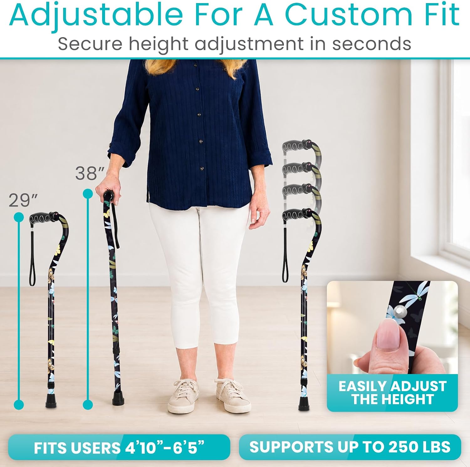 Vive Walking Cane for Women, Men, Elderly - Patented Offset Grip - Lightweight Adjustable Walking Aid with a Non-Slip Tip - Sturdy Balancing Mobility Aid for Seniors