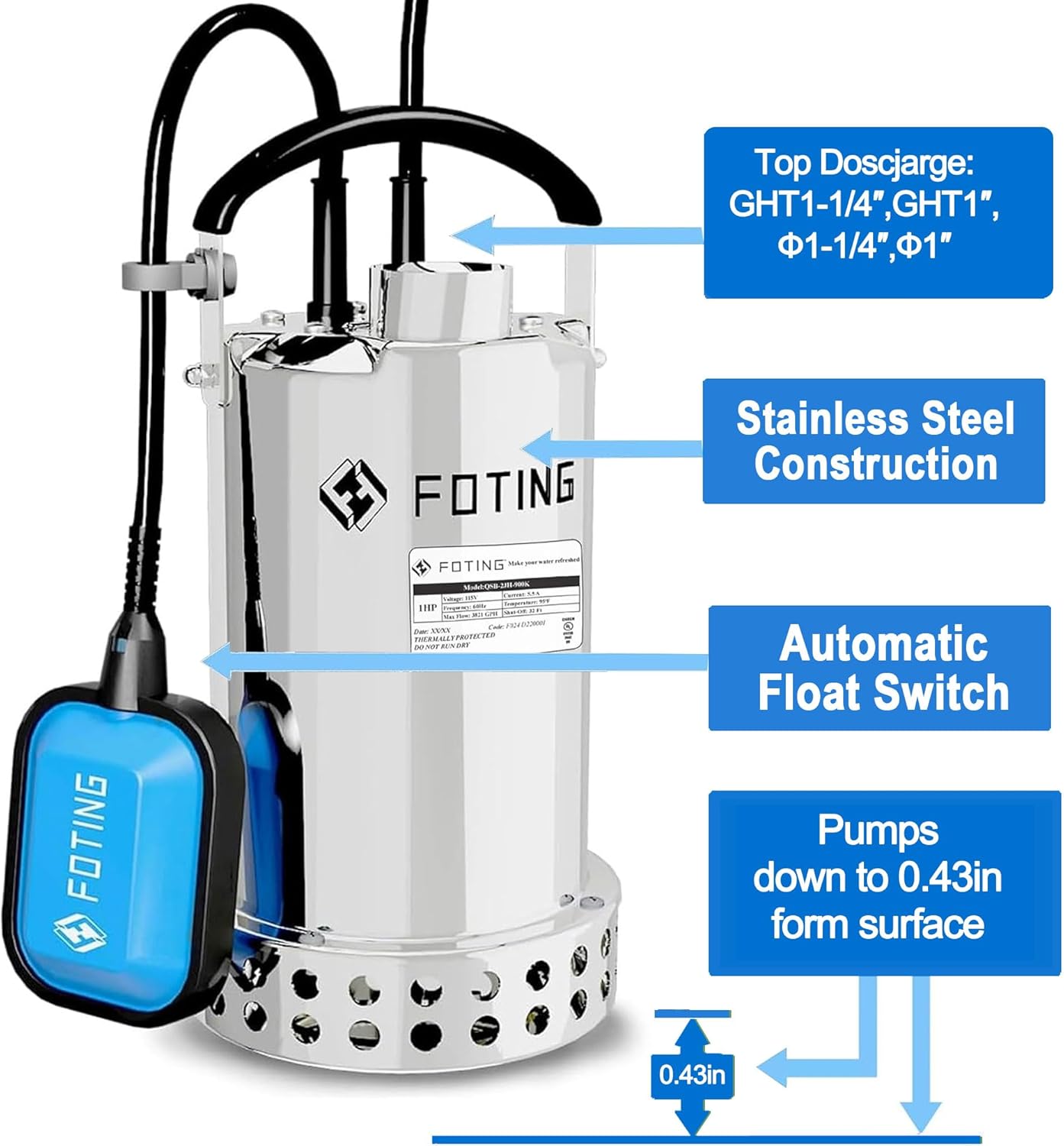 FOTING Full 304 Stainless Steel Sump Pump with Float Switch - 1HP 4600GPH Automatic Submersible Water Pump Fast Water Removal in Pools, Basements