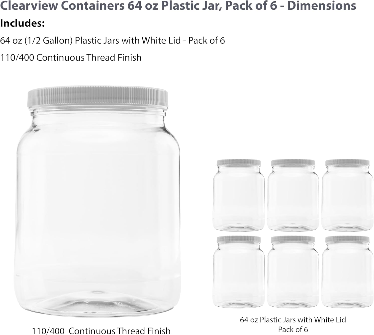1 Pack - 128 oz (1 Gallon) Plastic Storage Jars with 110-400 Leak Proof Black Lids, Food Grade, BPA Free, Hand Wash Only (128oz, BLK, 1PK)