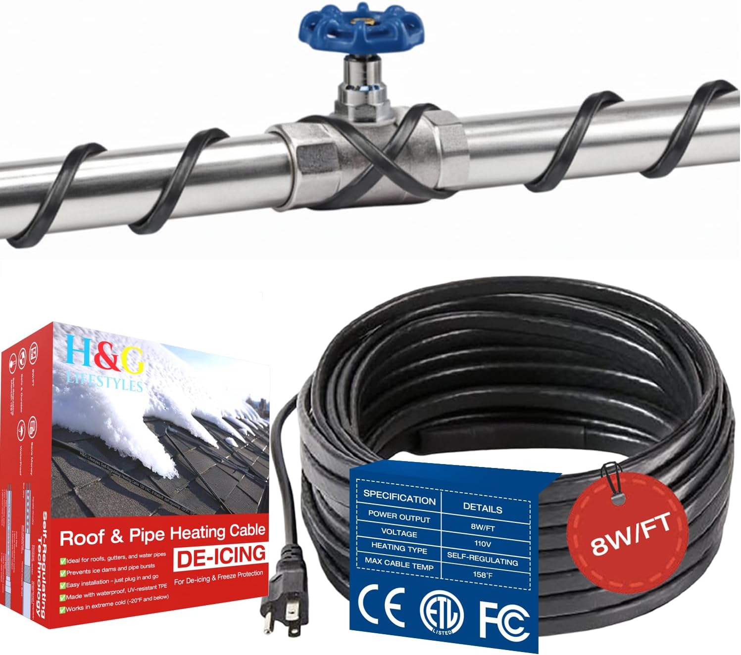 H&G Lifestyles 8W/FT Roof Heat Cable for Roof and Gutters, 140FT