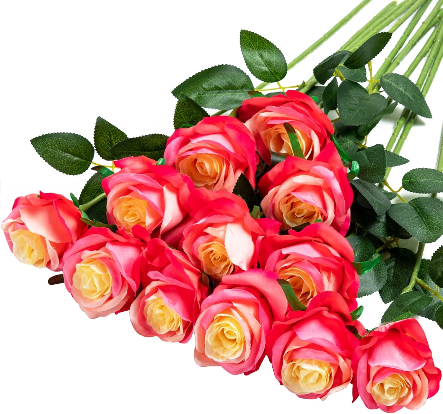 Hawesome 12PCS Artificial Silk Flowers Realistic Roses Bouquet Long Stem for Home Wedding Decoration Party (Yellow, 6 Flowers 6 Buds)