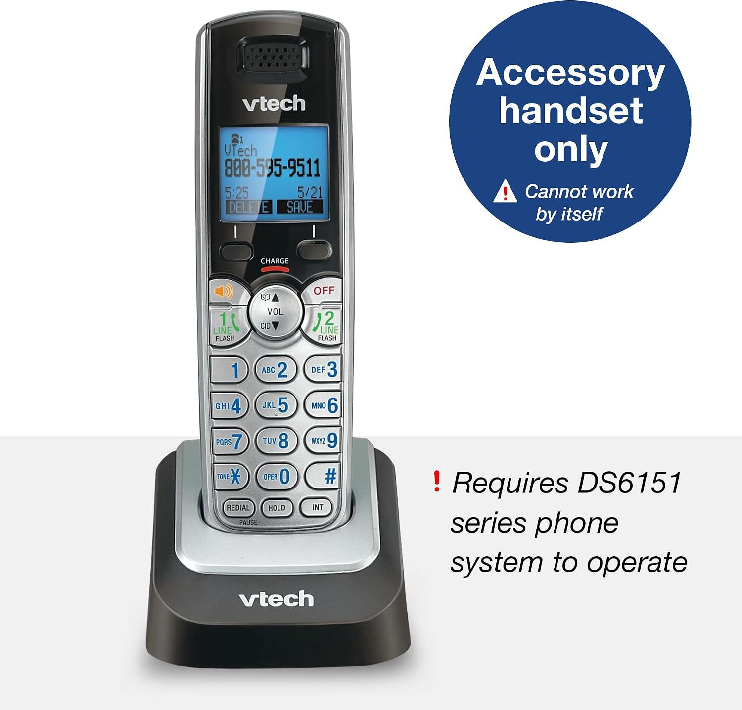 VTech DS6101 Accessory Handset for DS6151 Series, Black/Silver | 2-Line Cordless Phone, Answering System, Expandable up to 12 Handsets, Intercom & Conference