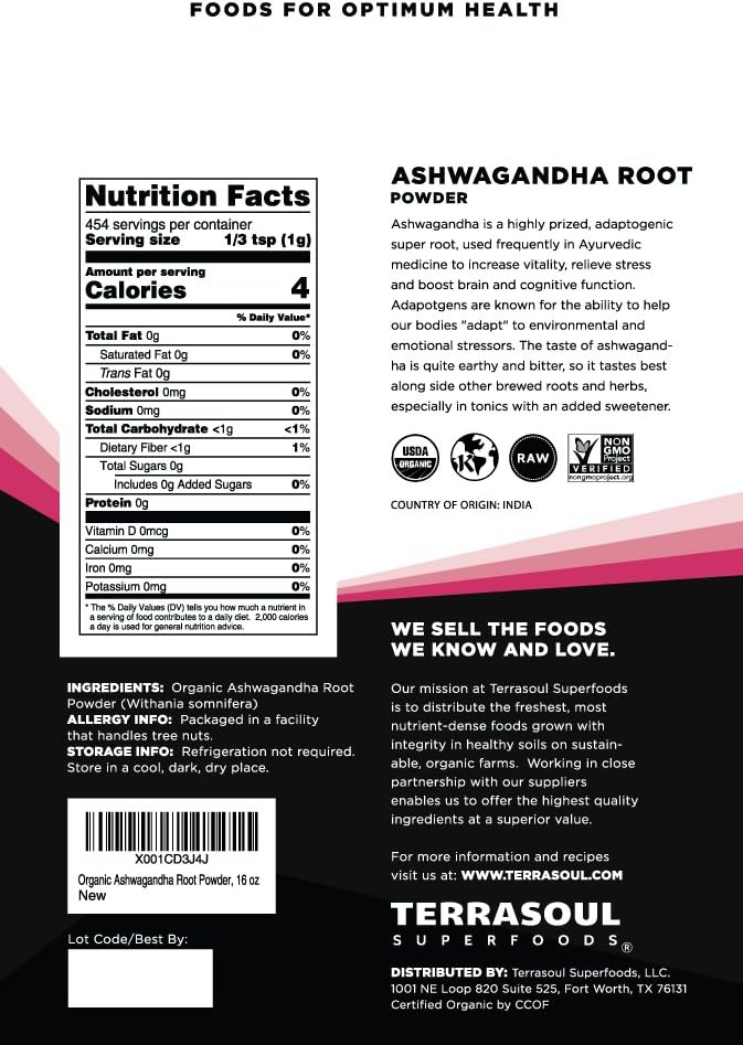Terrasoul Superfoods Organic Ashwagandha Root Powder 6oz