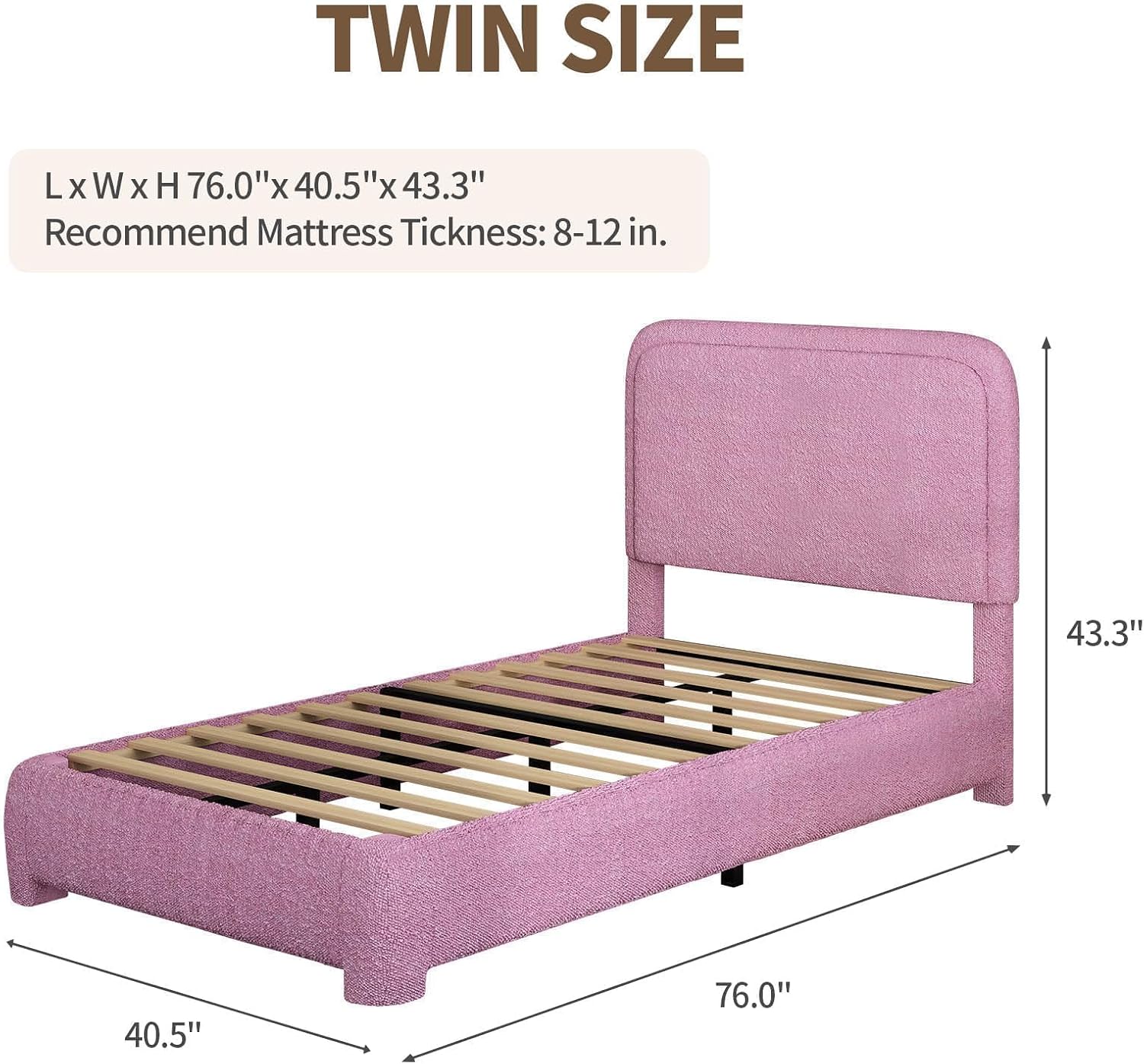 BarnFurin Full Bed Frame, Cloud Boucle Headboard, Rounded Corners, White | Soft boucle and rounded edges create a low-profile cloud look. Wooden slats support the mattress without a box spring