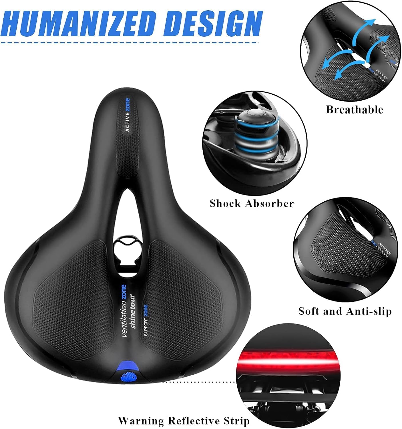 Comfort Bike Seat for Women Men,Wide Bicycle Saddle Replacement Memory Foam Padded Soft Bike Cushion with Dual Shock Absorbing Universal Fit for Indoor/Outdoor Bikes with Reflect