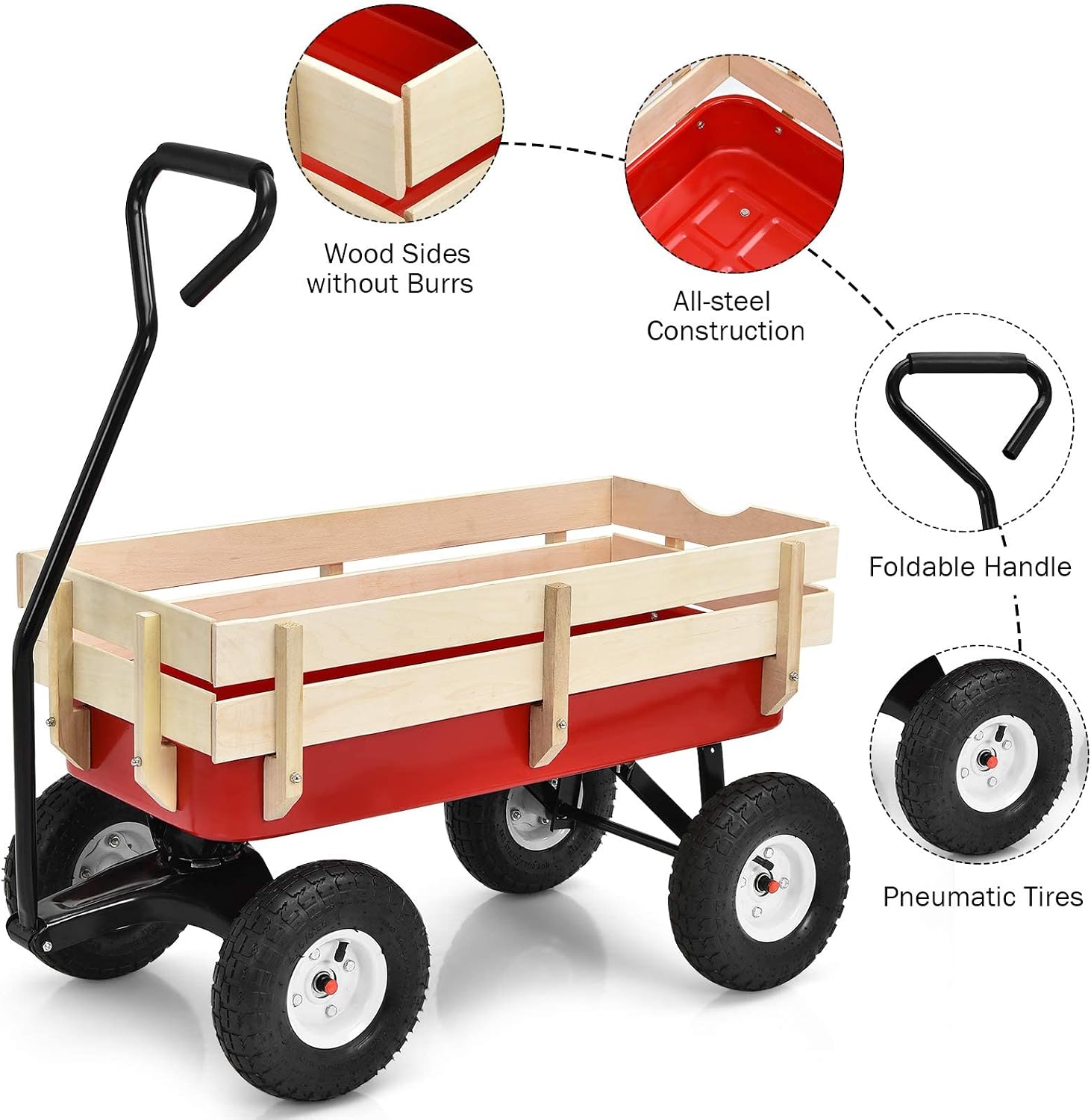 ReunionG Garden Cart with Free-Rotating Wood Railing, Kids Outdoor Wagon with Rubber Wheels, All Terrain Cargo Wagon with 330lbs Weight Capacity, Red