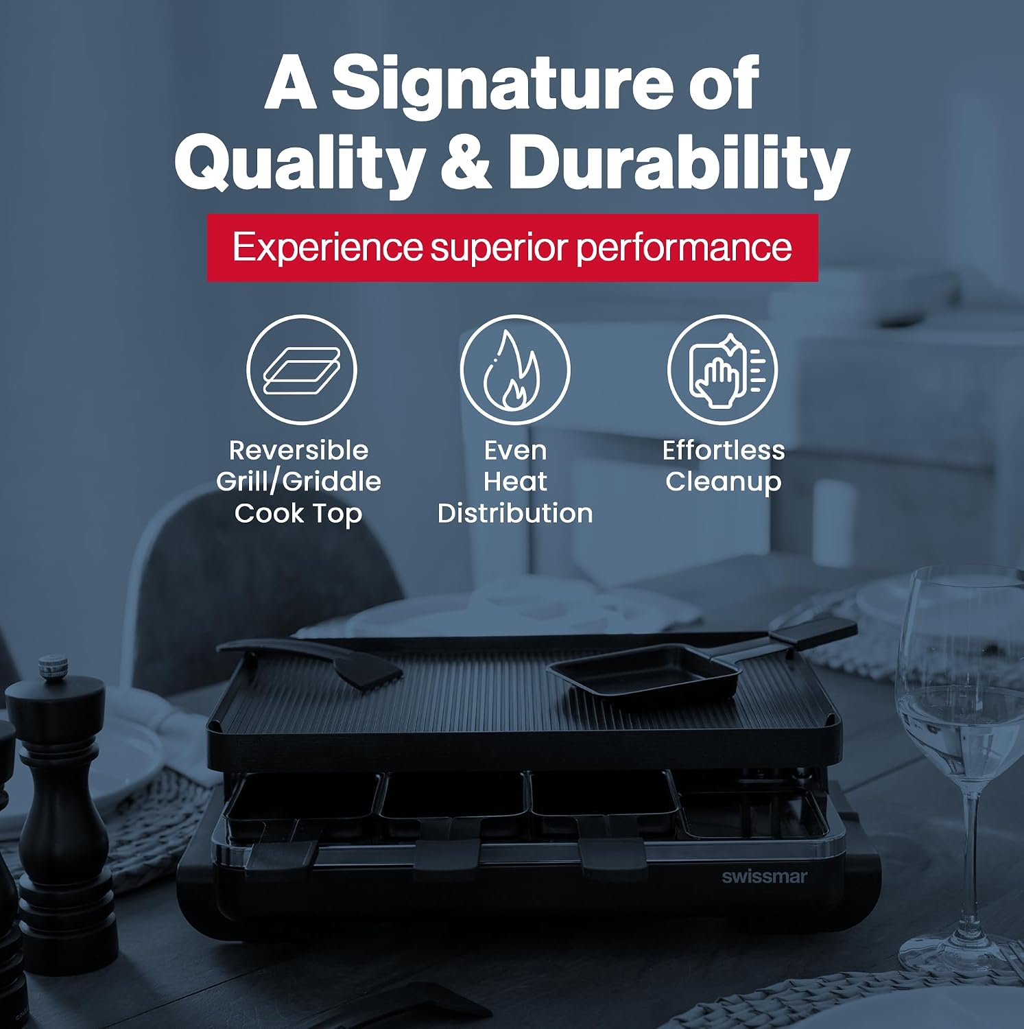 Swissmar Classic 8-Person Raclette Party Grill - Indoor Electric Grill & Griller with Reversible Cast Iron Grill Plate/Crepe Top - Anthracite Black
