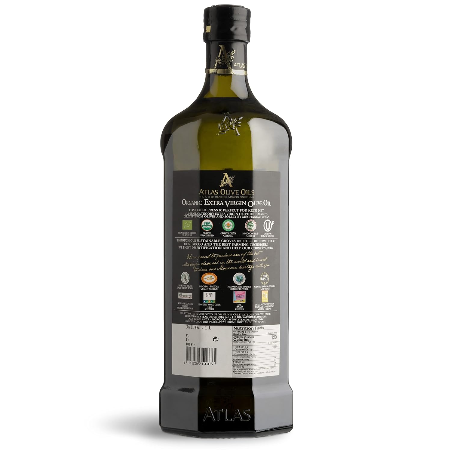 Atlas Organic Extra Virgin Olive Oil, Moroccan, High Polyphenol, 750 mL | Cold Pressed EVOO With High Smoke Point, Trusted By Award-Winning Chefs, One Family Farm, Polyphenol-Rich & Smooth Finish