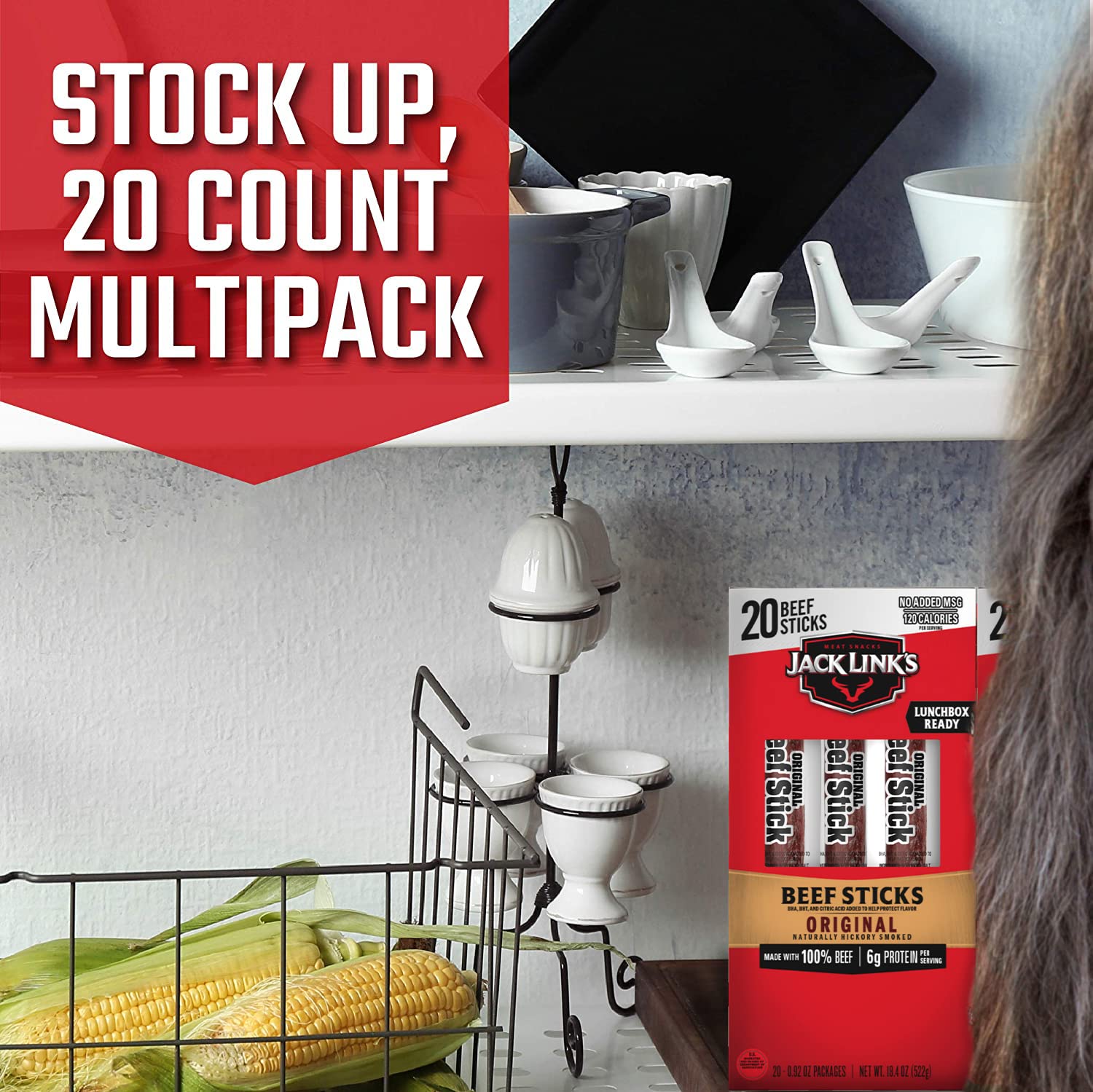 Jack Link's Original Beef Jerky Sticks - Made with 100% Real Beef - Ready to Eat Real Meat Protein Snacks - 6g Protein per Serving - 0.92 oz Meat Stick, 20 Count