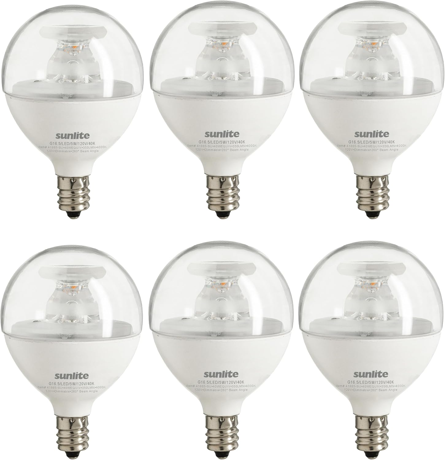 Sunlite G16.5 Light Bulb LED, 5W (40W Equiv.), 350 Lumens, Dimmable, Type G Globe Shape E12 Candelabra Base, Short Bulbs, Vanity Mirror Bulbs, 2700K Soft White, Frosted, 6 Count