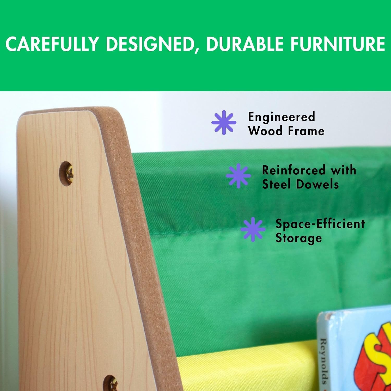 Humble Crew Kids Bookshelf, Montessori Front Facing Toddler Bookcase 4 Tier | Book display rack and reading nook organizer, nylon pockets show covers face out, compact for any playroom or bedroom space