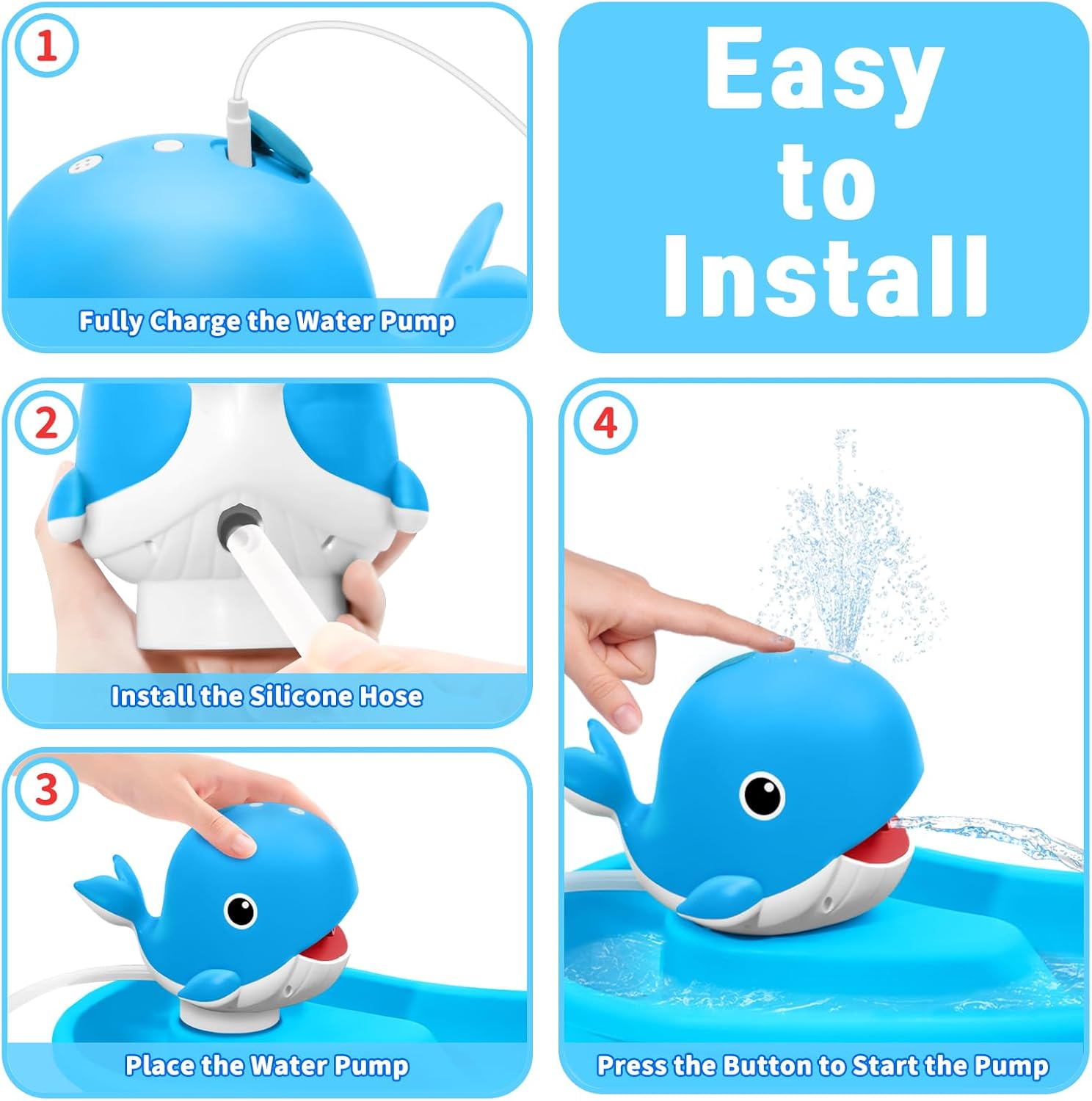 Water Table Pump, Rechargeable Water Pump for Water Table, 3.5 Hours Non-Stop Whale Pump with Sprinkler Outdoor Games Water Toys for Kids Toddlers, Outside Water Play Table Accessories (Blue)
