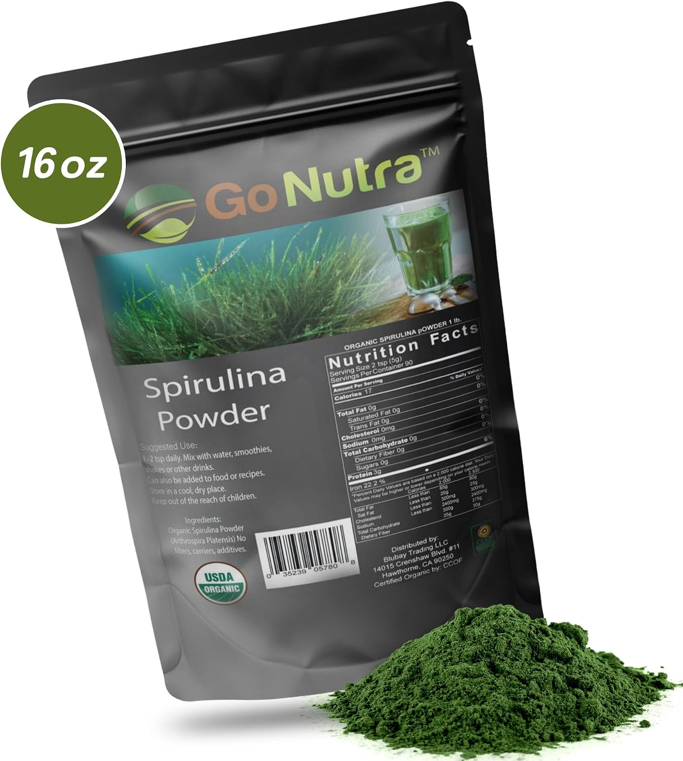 Organic Spirulina Powder, Herbal Supplement Superfoods, 16 Ounce | Pure Non-GMO Green Superfood with Antioxidants, Minerals, Fatty Acids, Fiber