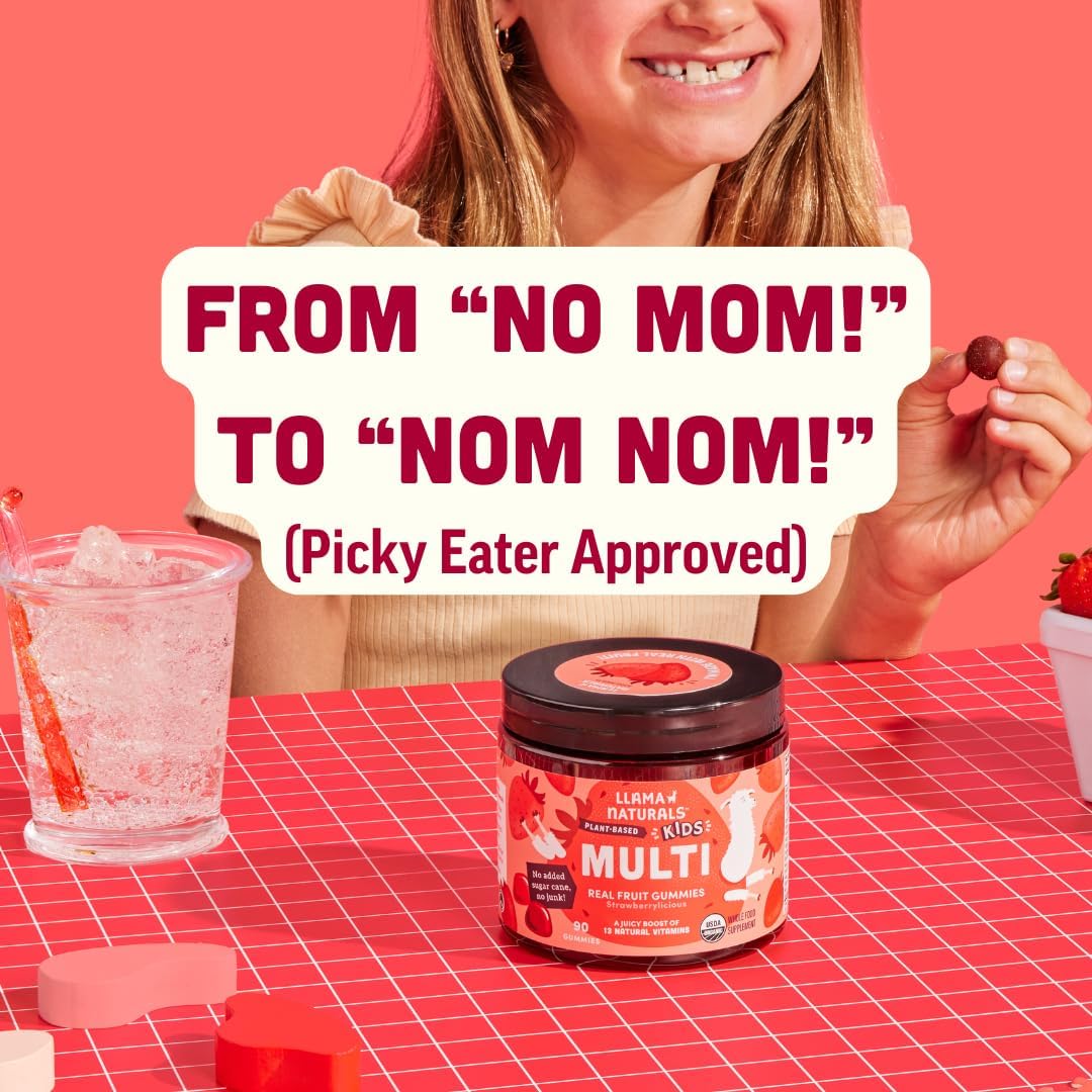 Llama Naturals Kids Multivitamin Gummies | Real Fruit, No Added Sugar Cane | Organic Vegan Toddler Whole Food Vitamins | Vitamin D, C & Beta Carotene Gummy Supplement | Cherry 90 Ct (1-2 Months)