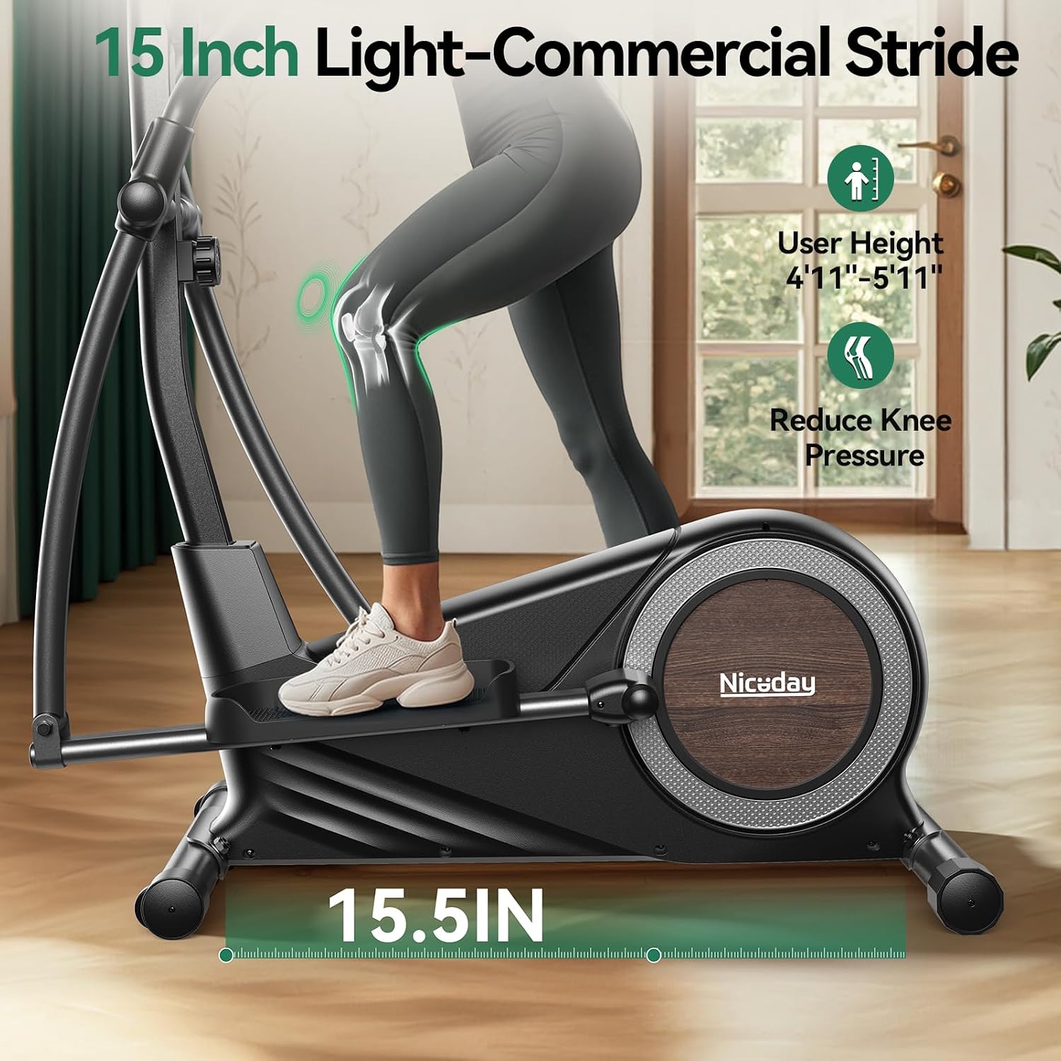 Niceday Elliptical Exercise Machine with 15.5/18/19IN Long Stride | Compact Elliptical Machine for Home Use, 16 Resistance Levels; 400LBS Stable Loading Capacity; Kinomap APP Support