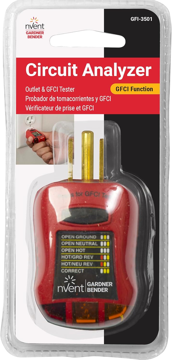 Gardner Bender GFI-3501 Ground Fault Receptacle Tester & Circuit Analyzer, 110-125V AC, for GFCI / Standard / Extension Cords & More, 7 Visual LED Tests , Red | 110-125V AC Receptacle Tester w/ 3 LED Lights Indicating 7 Wiring Conditions, Tests GFCI & Ou…