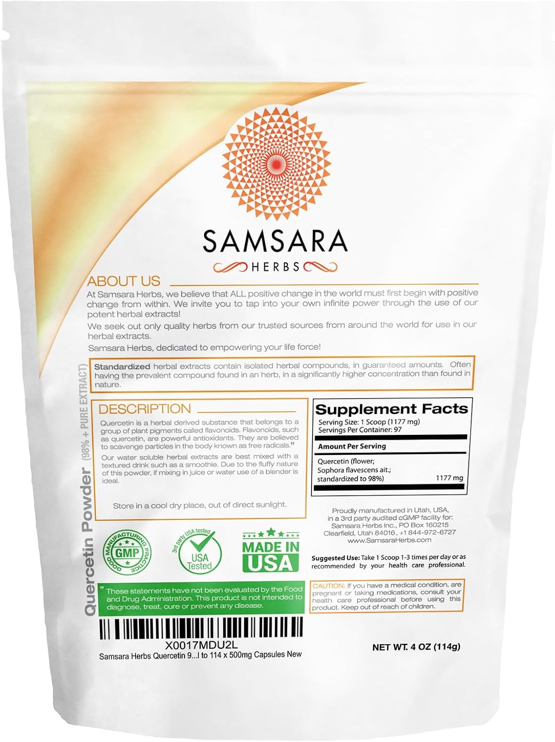 Samsara Herbs Quercetin - 98%+ Pure Extract Powder (2oz/57g)