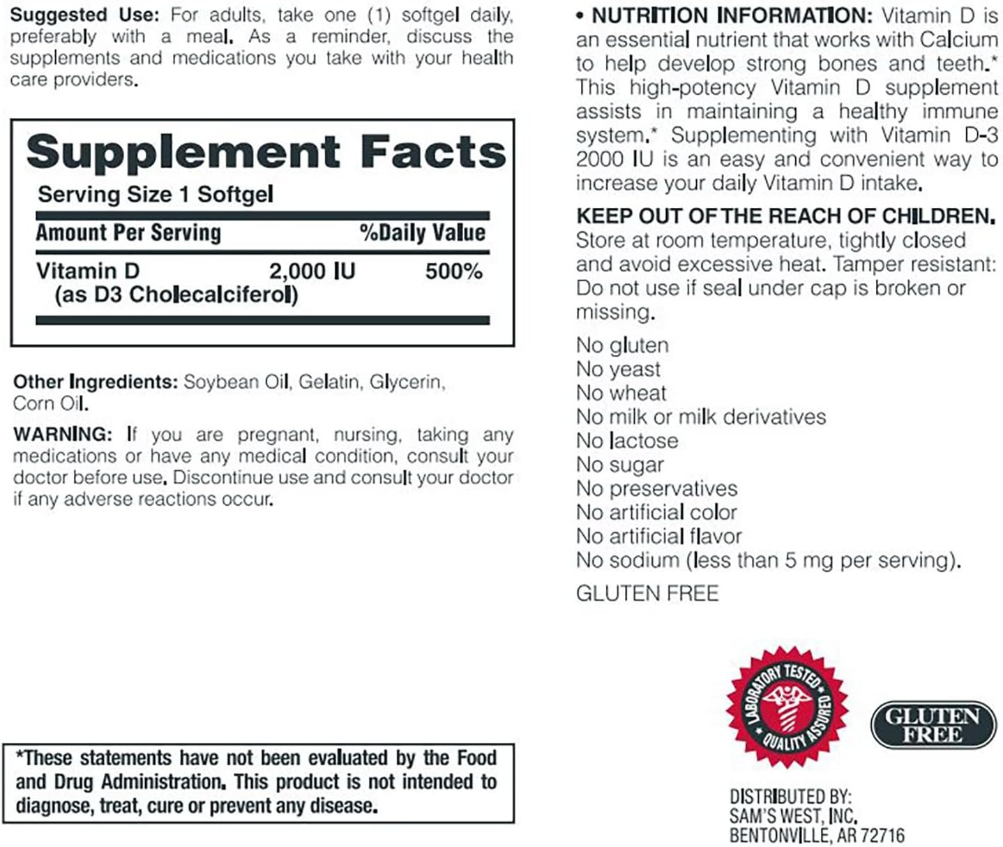 Member's Mark Vitamin D-3 2000 IU Dietary Supplement (400 Count)
