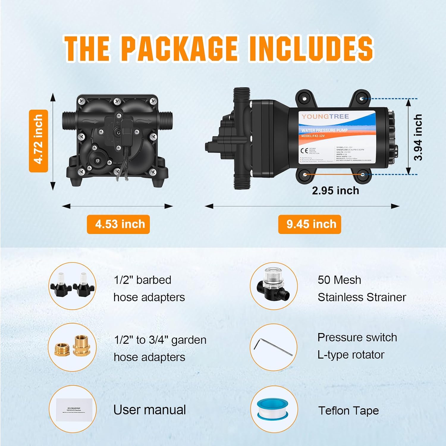 YOUNGTREE 55-Series 110V AC Fresh Water Diaphragm Pump 7GPM 70PSI 110volt 5-Chamber Water Pressure Washdown Pump On Demand with Pressure Switch for Irrigating, Home, Sprinkler, RV, Marine