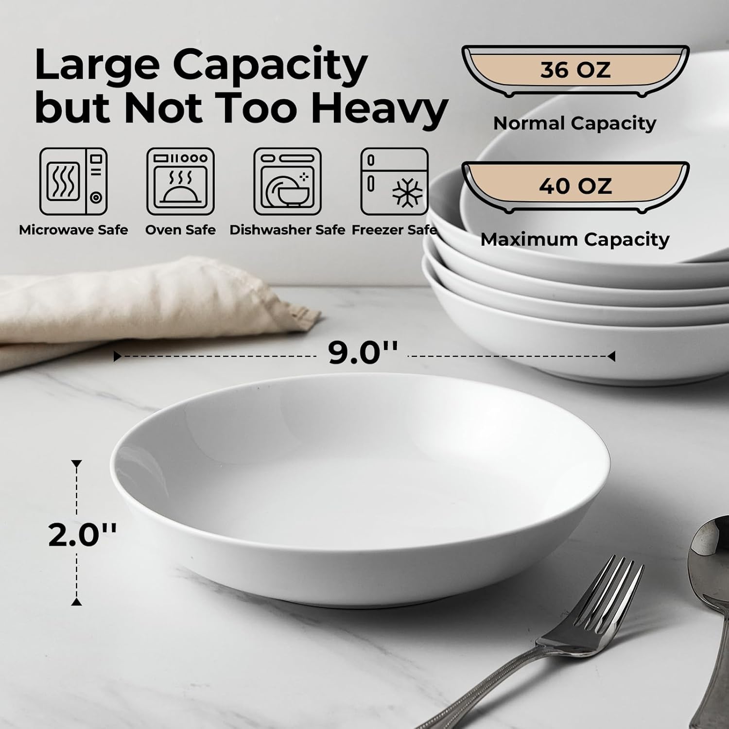 Y YHY 9" Pasta Bowls, 40oz Large Salad Bowls Set of 6, Wide Shallow Ceramic Bowls for Serving Soup, White Dinner Plates Set for Kitchen