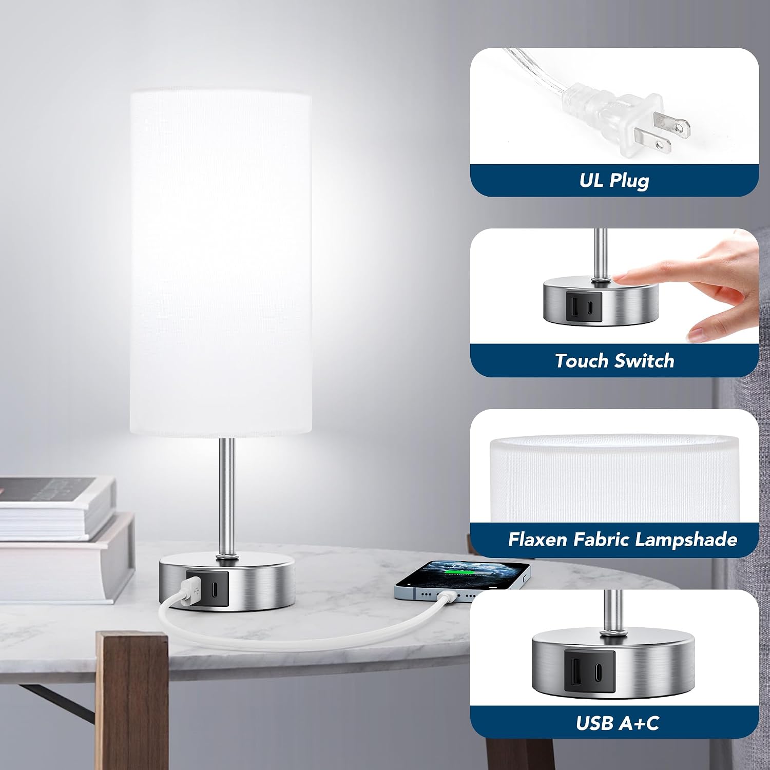 ROTTOGOON 12.8" Touch Control Table Lamp, 3-Way Dimmable Small Bedside Nightstand Lamp with 2 USB Ports