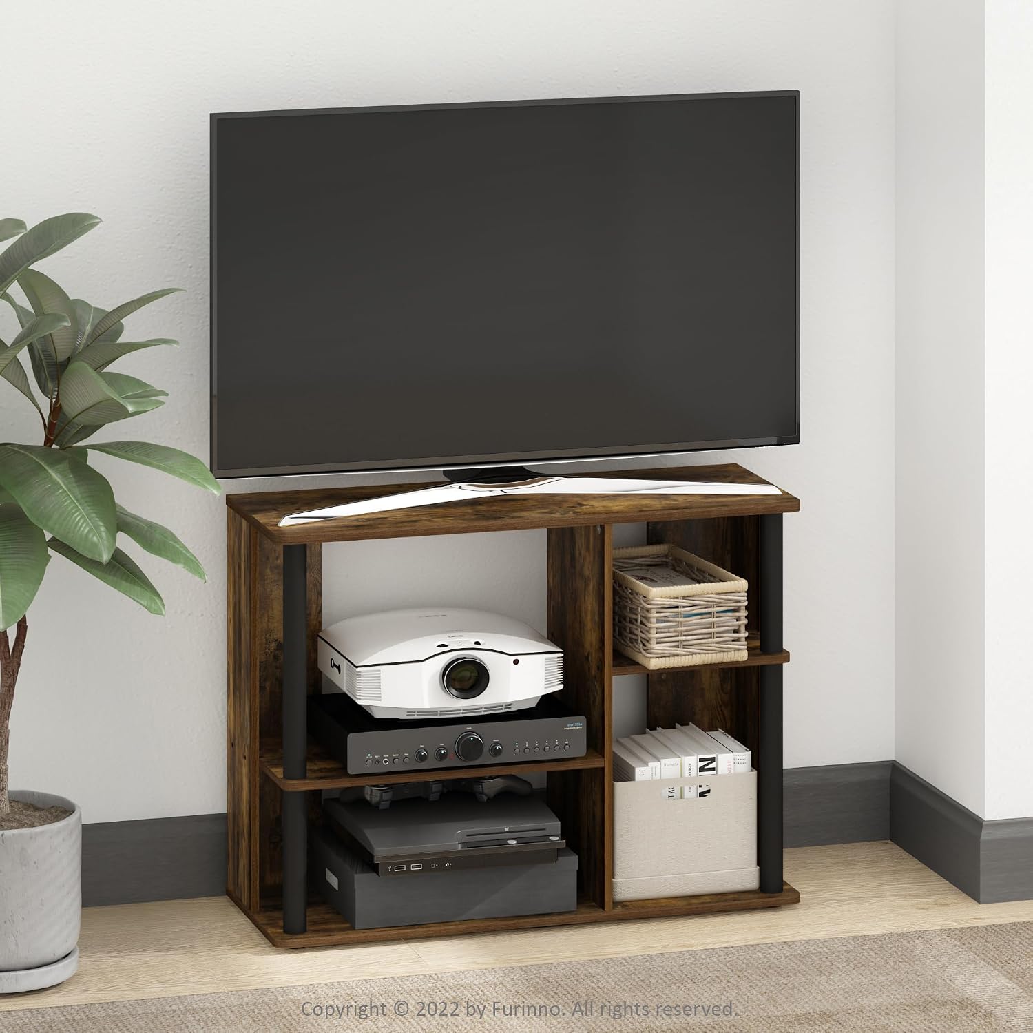 Furinno Econ TV Stand Entertainment Center, Espresso | with Adjustable Shelf, Open Back TV Console with Door Storage for TV up to 50 Inch, for Living Room, Bedroom
