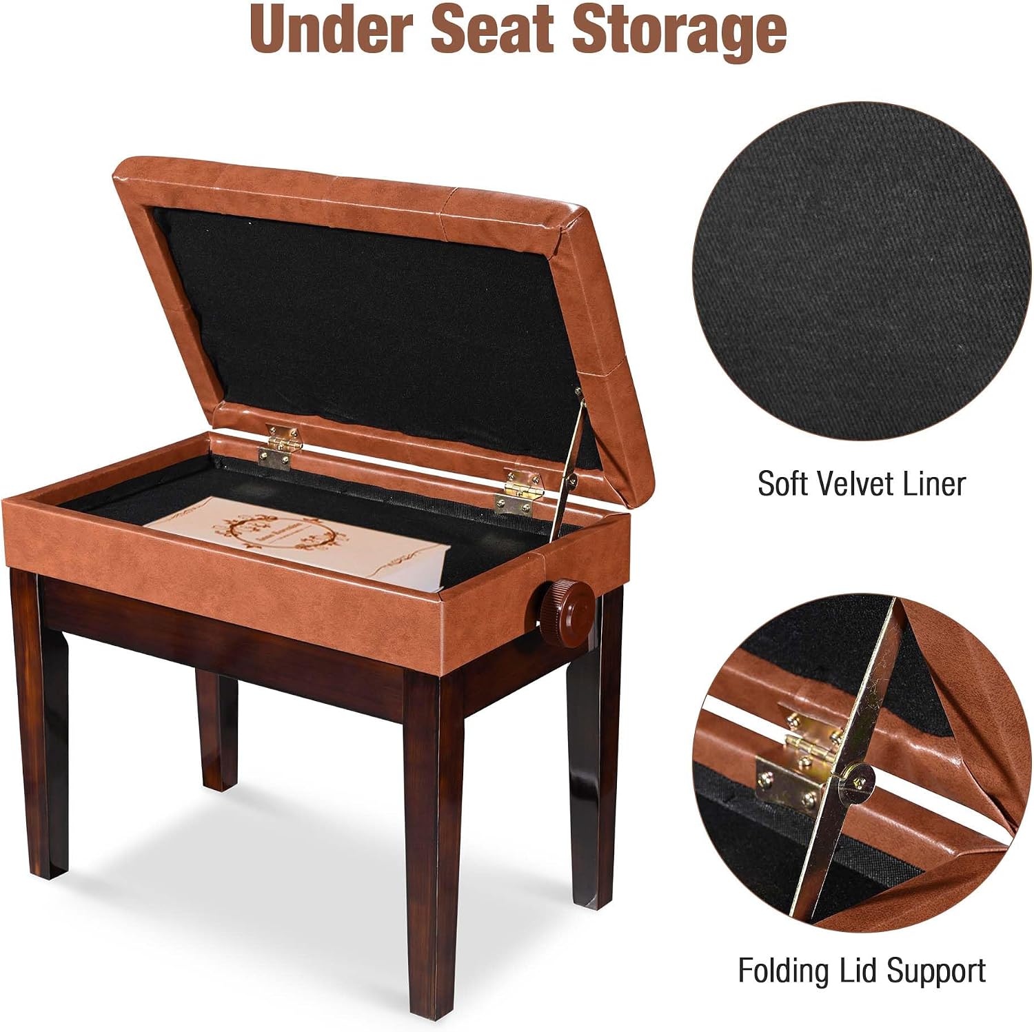 AW Adjustable Piano Bench with Storage Brown Wooden Keyboard Stool Seat | Leather Cushion Paino Chair for Piano Shop Music School Studio Capacity 400lbs
