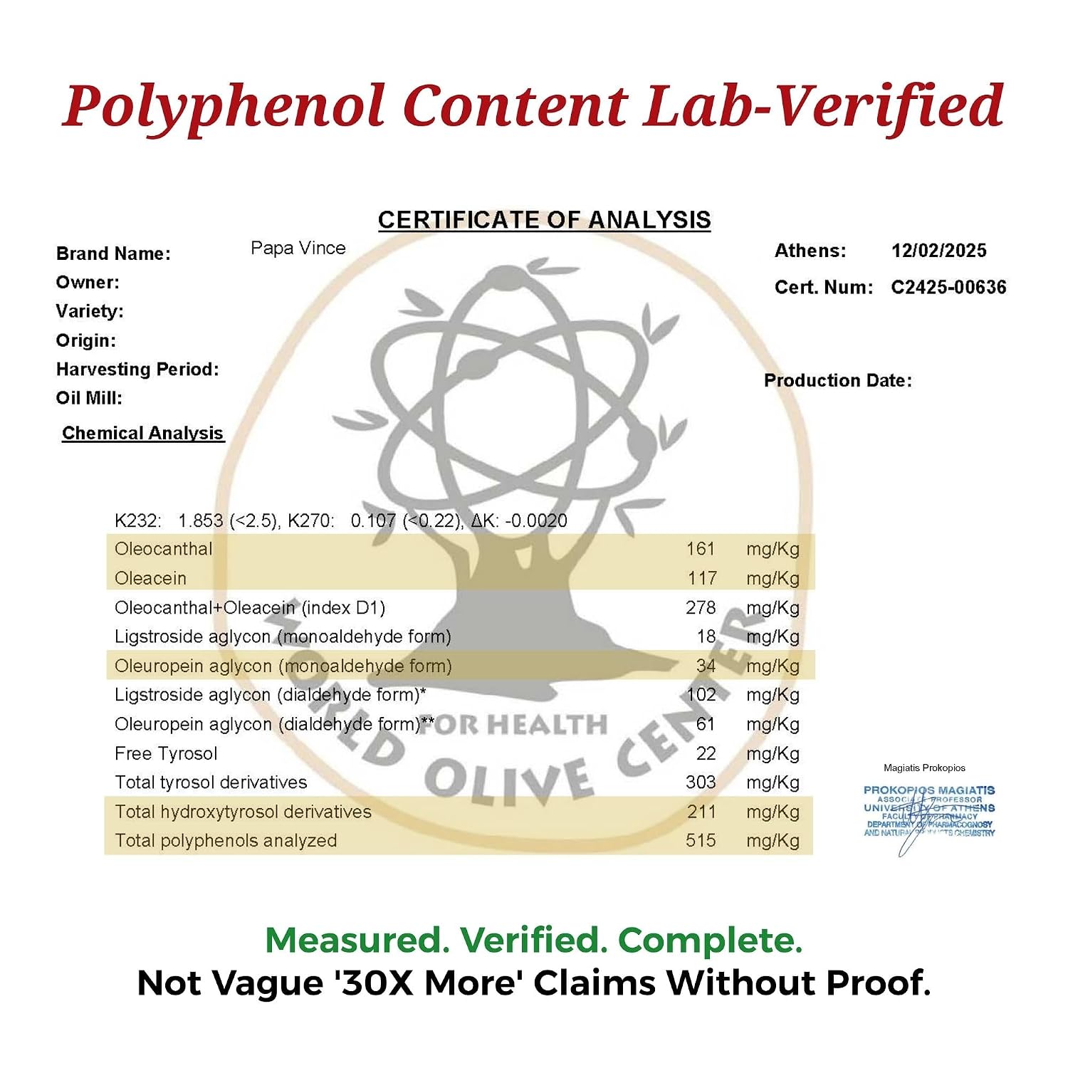 Papa Vince Hydroxytyrosol Lab-Verified Olive Oil - Drinking EVOO, Fresh Taste, High in Polyphenols, First Cold Press, Family Harvest, Sicily, Italy
