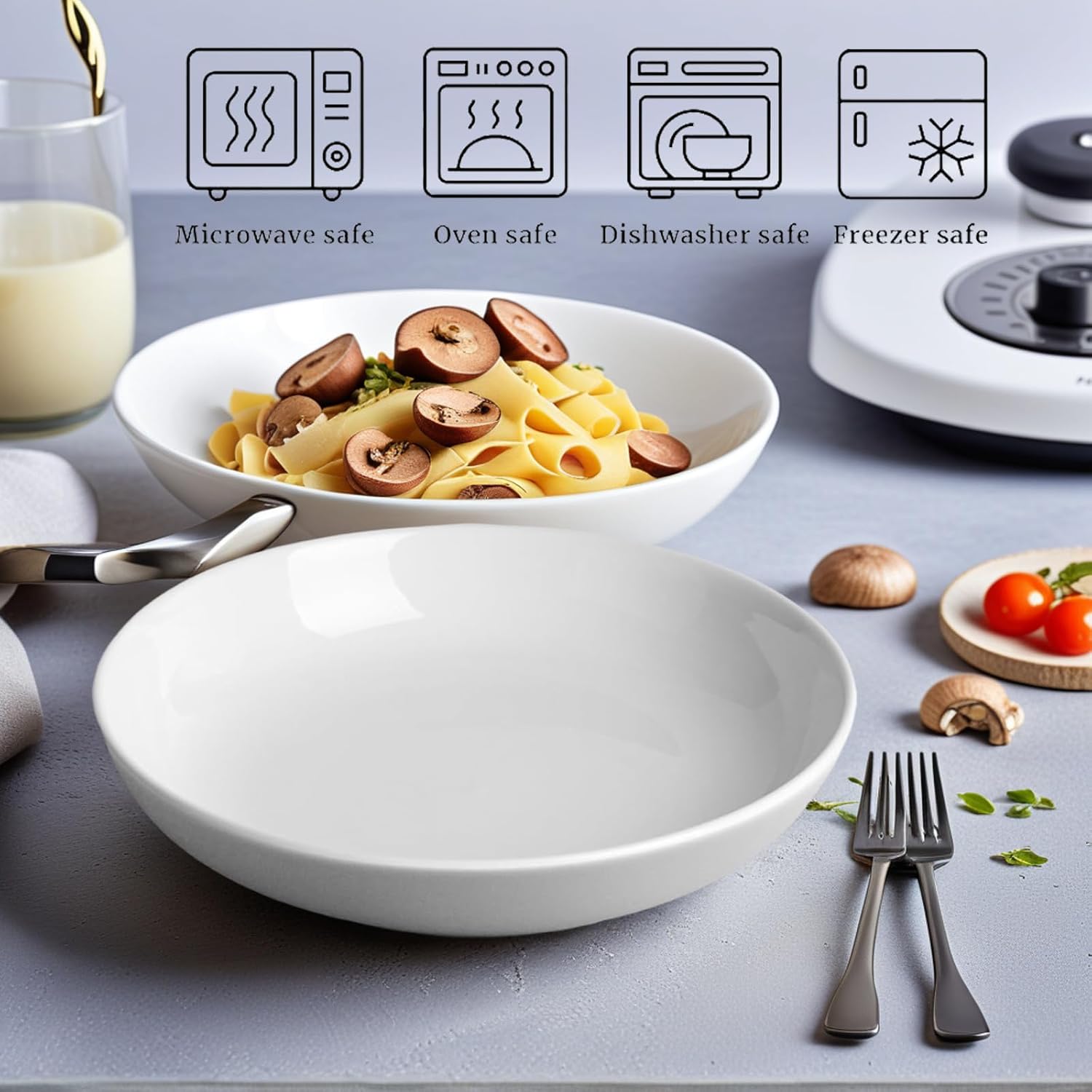 DeeCoo 7 Pack Porcelain Pasta Bowls Ceramic, Large Serving Bowl, Wide and Shallow, Set 8.3 Inch - 30 Ounce - for Pasta, Salad, Cereal