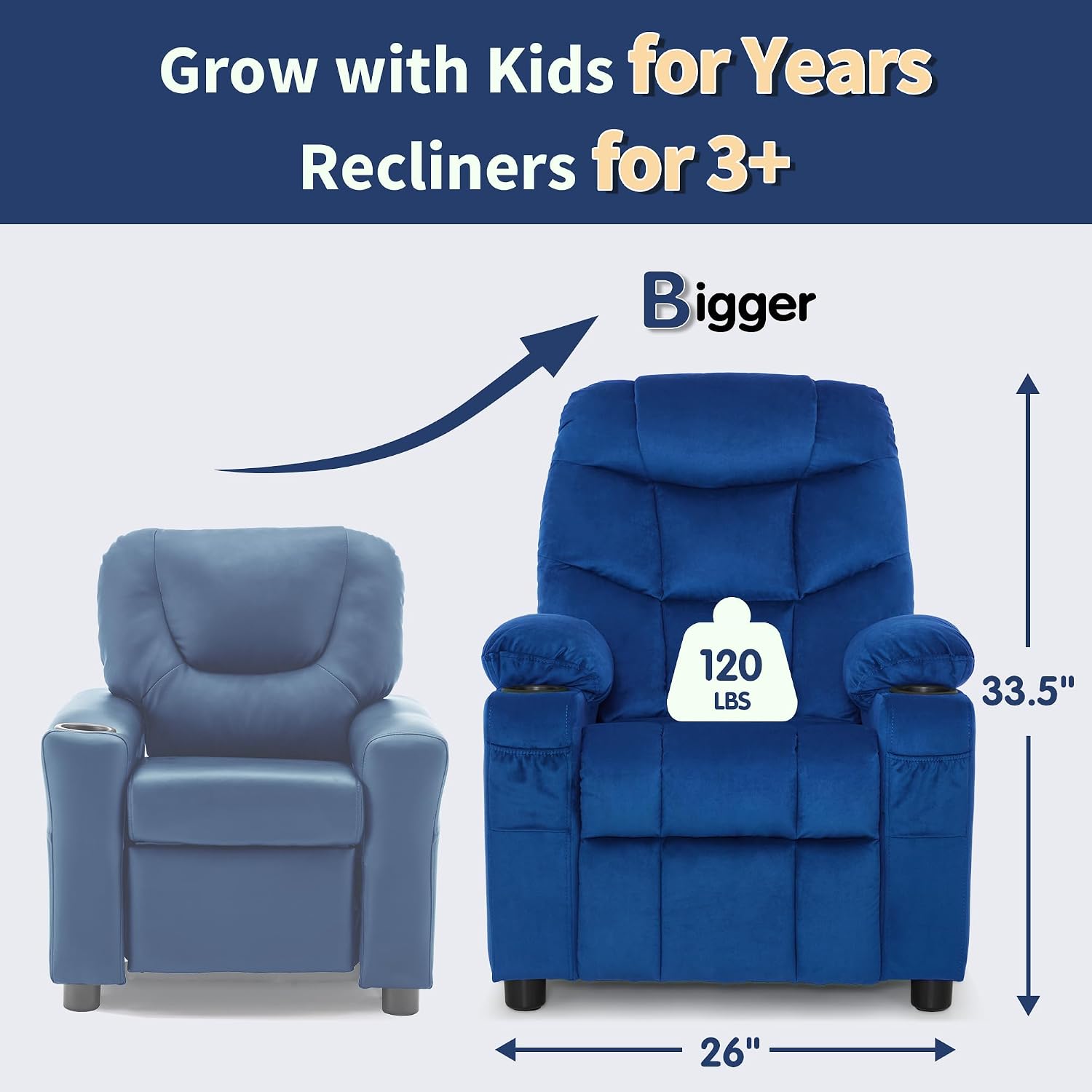 MCombo Big Kids Recliner for Ages 3+, Toddlers Recliner 7355 Velvet, Blue