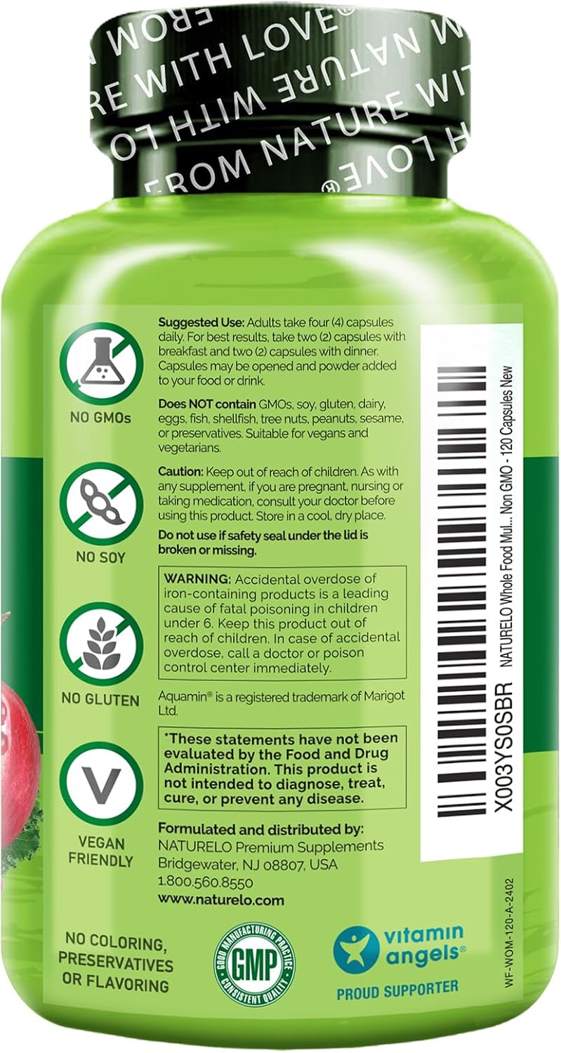 NATURELO Whole Food Multivitamin for Women - with Vitamins, Minerals, & Organic Extracts - Supplement for Energy and Heart Health - Non GMO - 120 Vegan Capsules | Women's Multivitamins with Vitamins, Minerals, Organic Extracts for Energy and Heart Health…