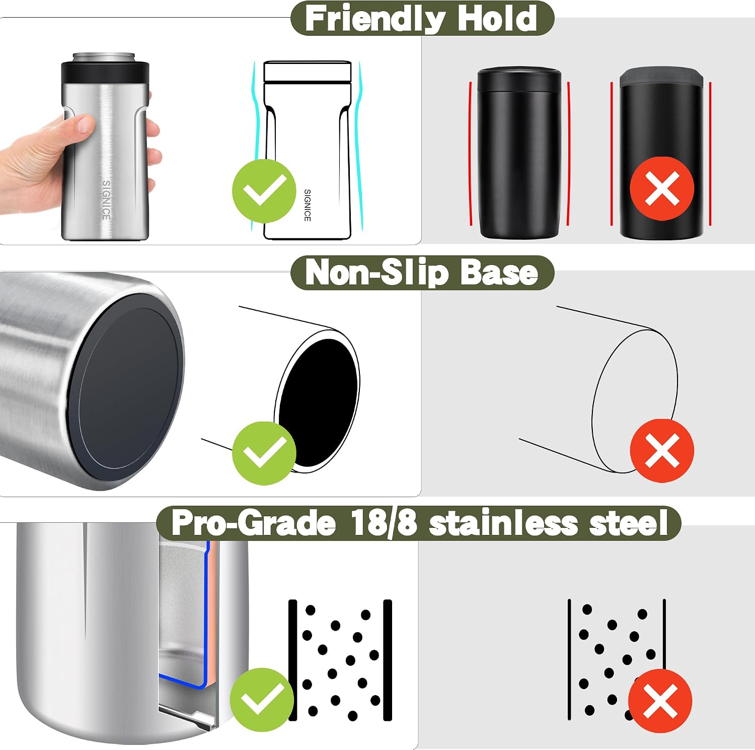 3 In 1 Insulated Universal Can Cooler - Signice Double Walled Vacuum Insulator Stainless Steel Slim Can Cooler for 12 Oz Skinny Tall Standard