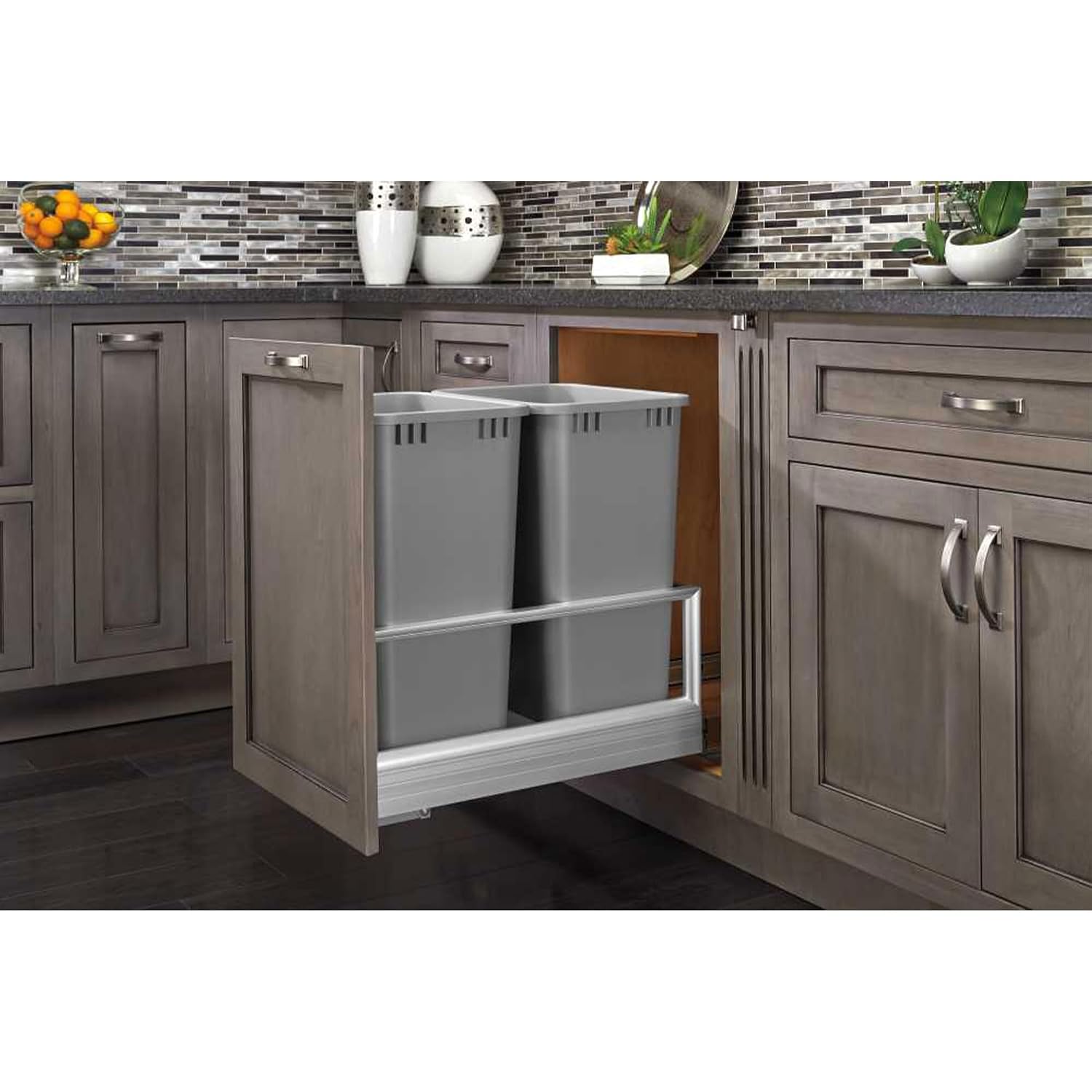 Rev-A-Shelf Double 50 Qt Pull Out Trash Can w/Soft-Close for Base Kitchen Cabinets, Min Opening Width of 15.75", Silver, 5149-2150DM-217