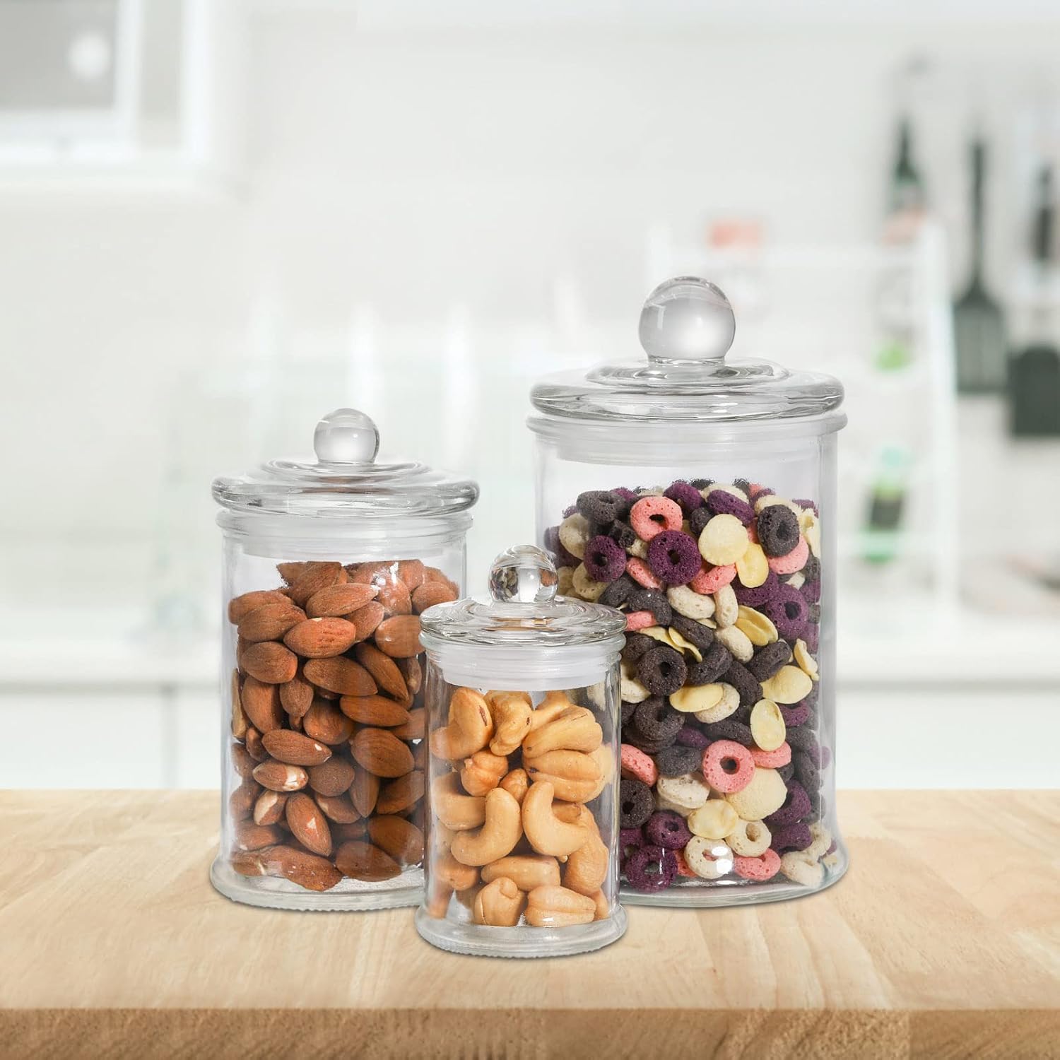 Set of 3 Glass Apothecary Jars with Lids, Bathroom Canisters Storage Container Jars, Decorative Small Glass Apothecary Jar for Cotton Swabs