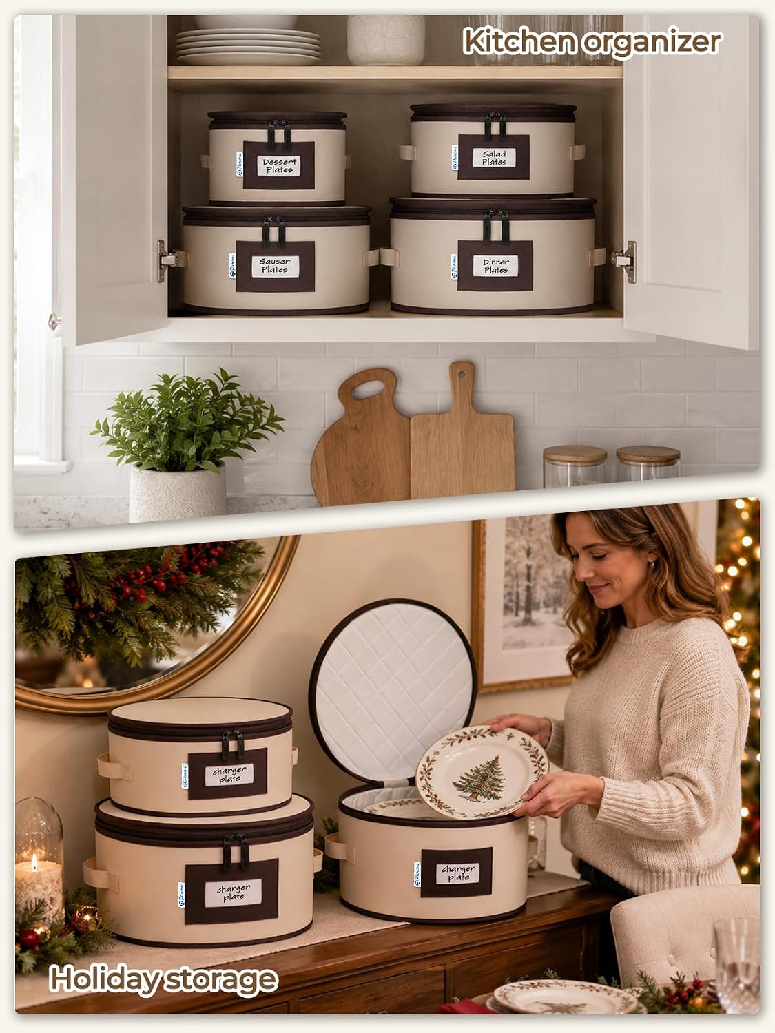 China Storage Containers, 4-Pack Hard Shell Plate & Dish Cases for Moving | Padded dividers and quilted lining protect plates and dishes; stackable for moving and holiday storage, beige hold set of 12