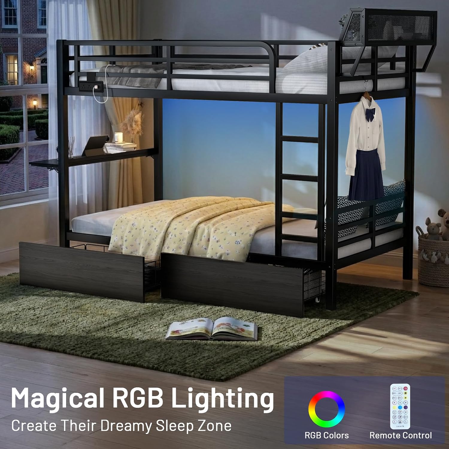 Twin XL Bunk Bed with Foldable Desk, LED Lights & Charging Station, Black | Upper Bunk Storage & 2 Drawers, Safety Guardrails with 4 Hooks, Space-Saving Design for Kids and Teens