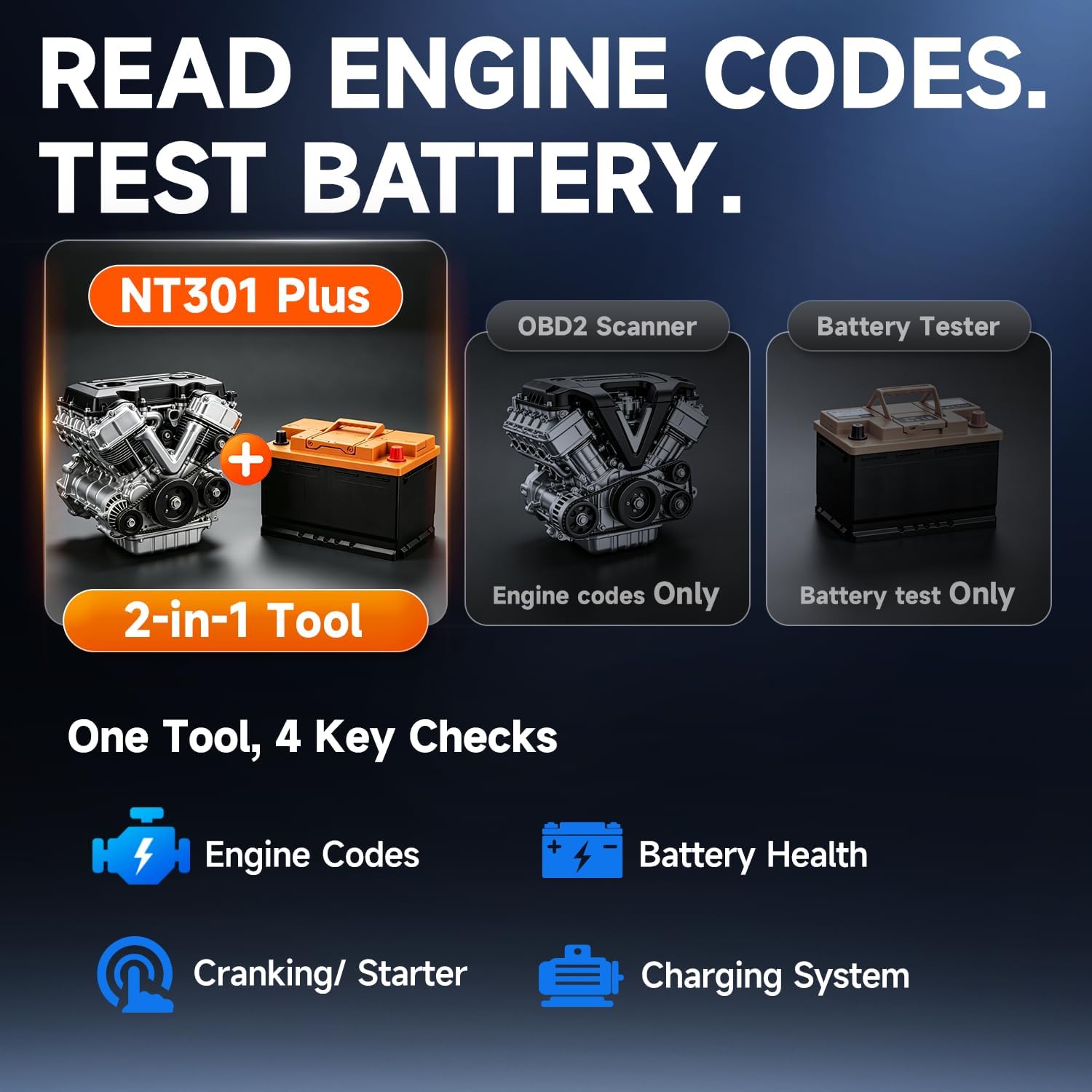 FOXWELL NT301 Plus 2-in-1 OBD2 Scanner & 12V Car Battery Tester