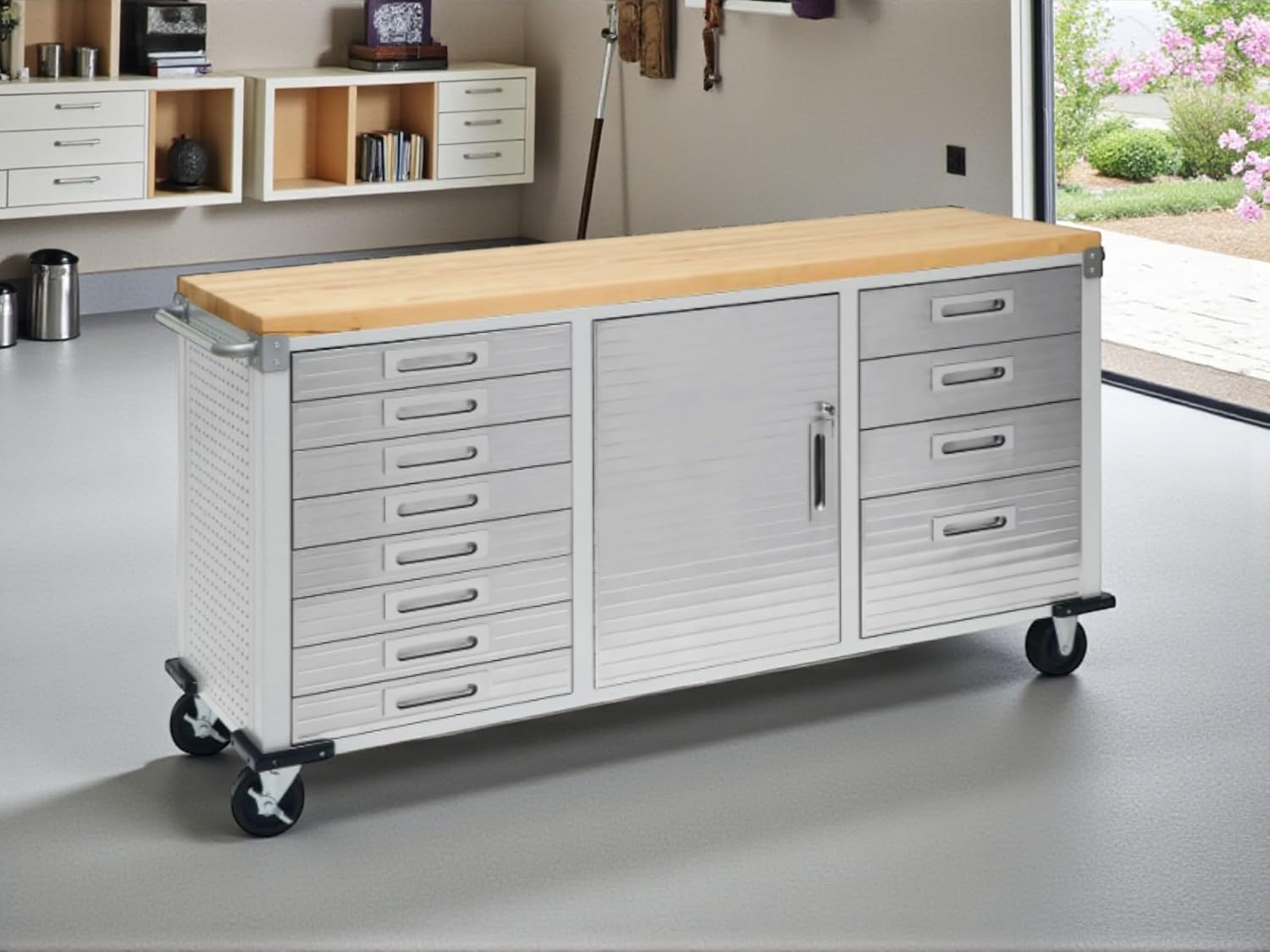 Heavy-Duty Rolling Workbench with Drawers and Cabinet, 77" W x 20" D x 37.5" H, (Red, 11 Drawer)