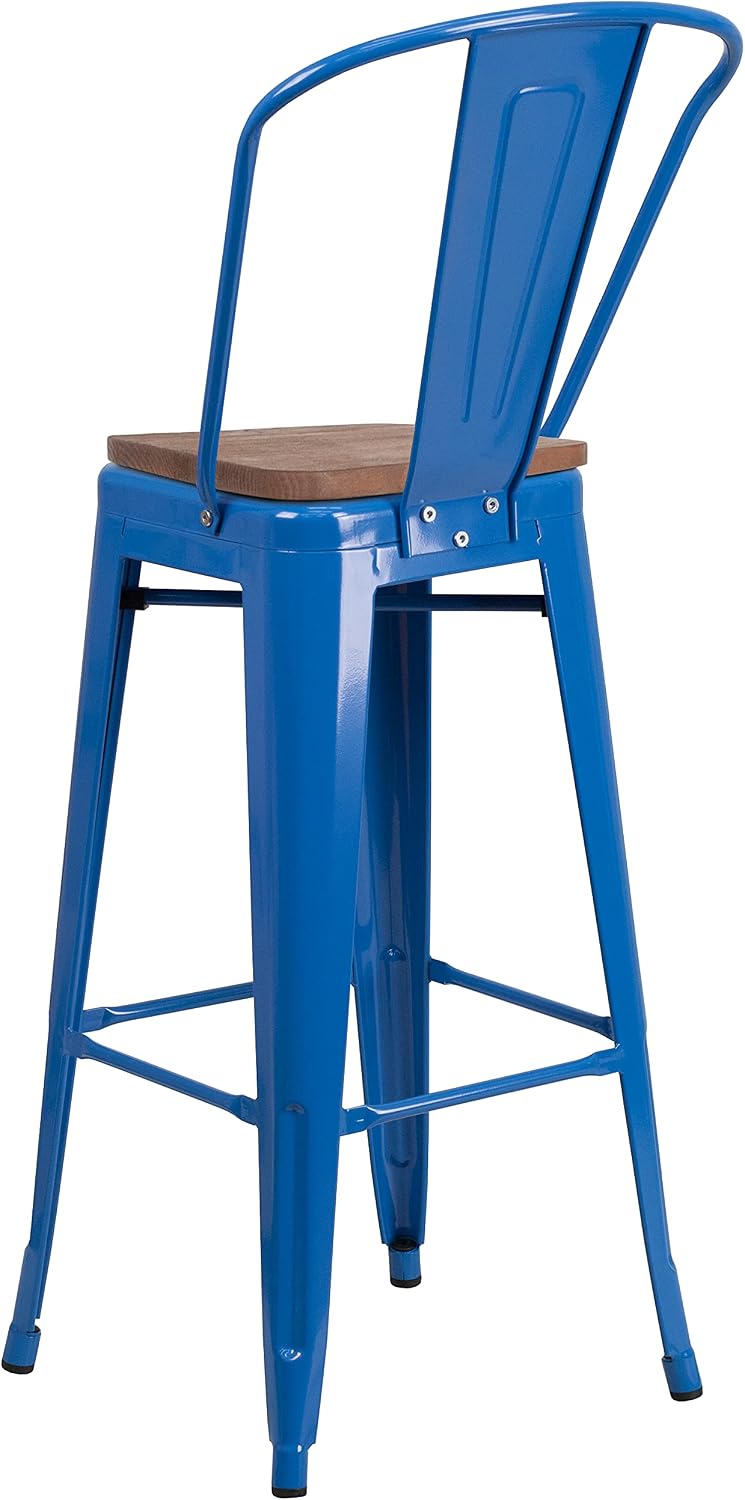 Flash Furniture 30 in Metal Barstool with Back, Blue | Commercial Grade, Removable Back, Indoor/Outdoor Use