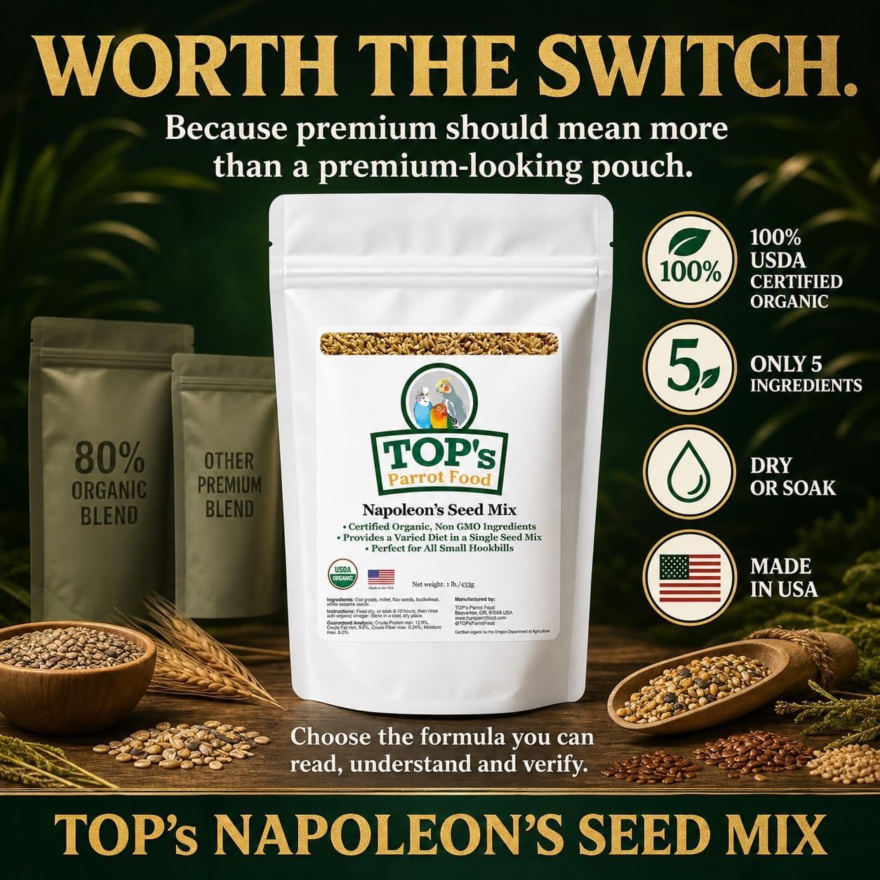 TOP's Napoleon's Seed Mix for All Small Hookbills, Non-GMO, Soy Free, Corn Free, USDA Organic Certified, 1 lb