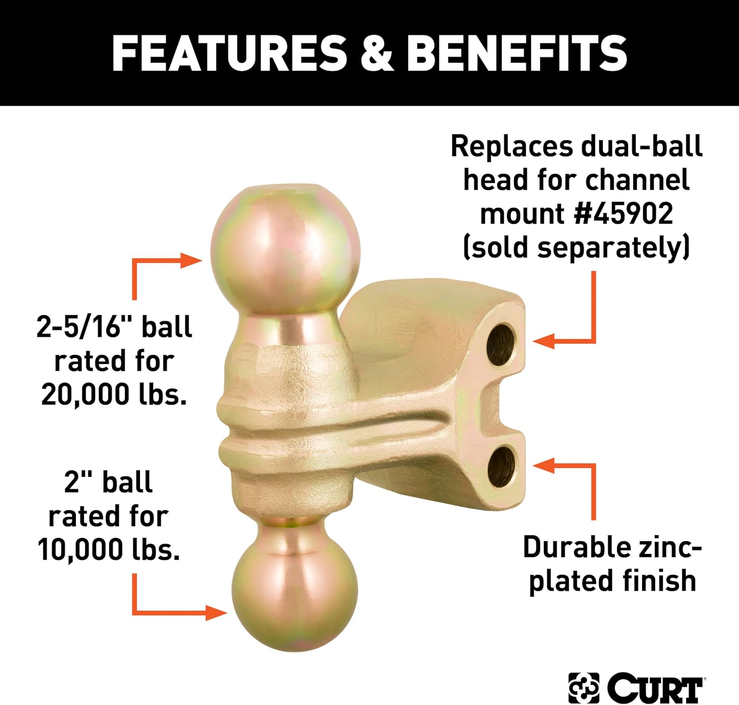 CURT 45923 Replacement Dual-Ball for Adjustable Trailer Hitch Ball Mount, 2-Inch, 2-5/16-Inch