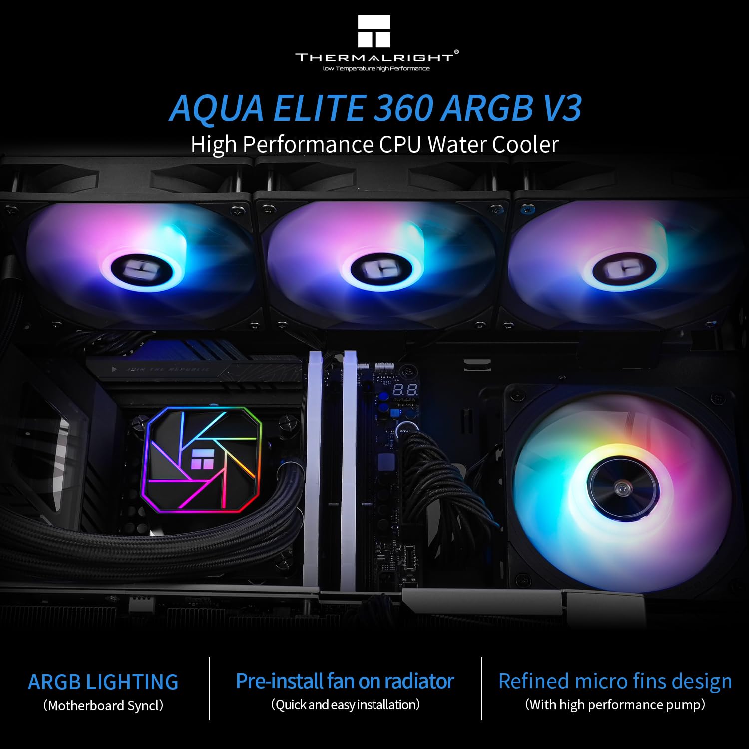 Thermalright Aqua Elite 360 ARGB Liquid CPU Cooler, 360 AIO Cooling Row Size, 3 x 120mm PWM Fans, Computer CPU Cooler,for AMD:AM4/AM5, Intel LGA1851/1150/1151/1200/1700