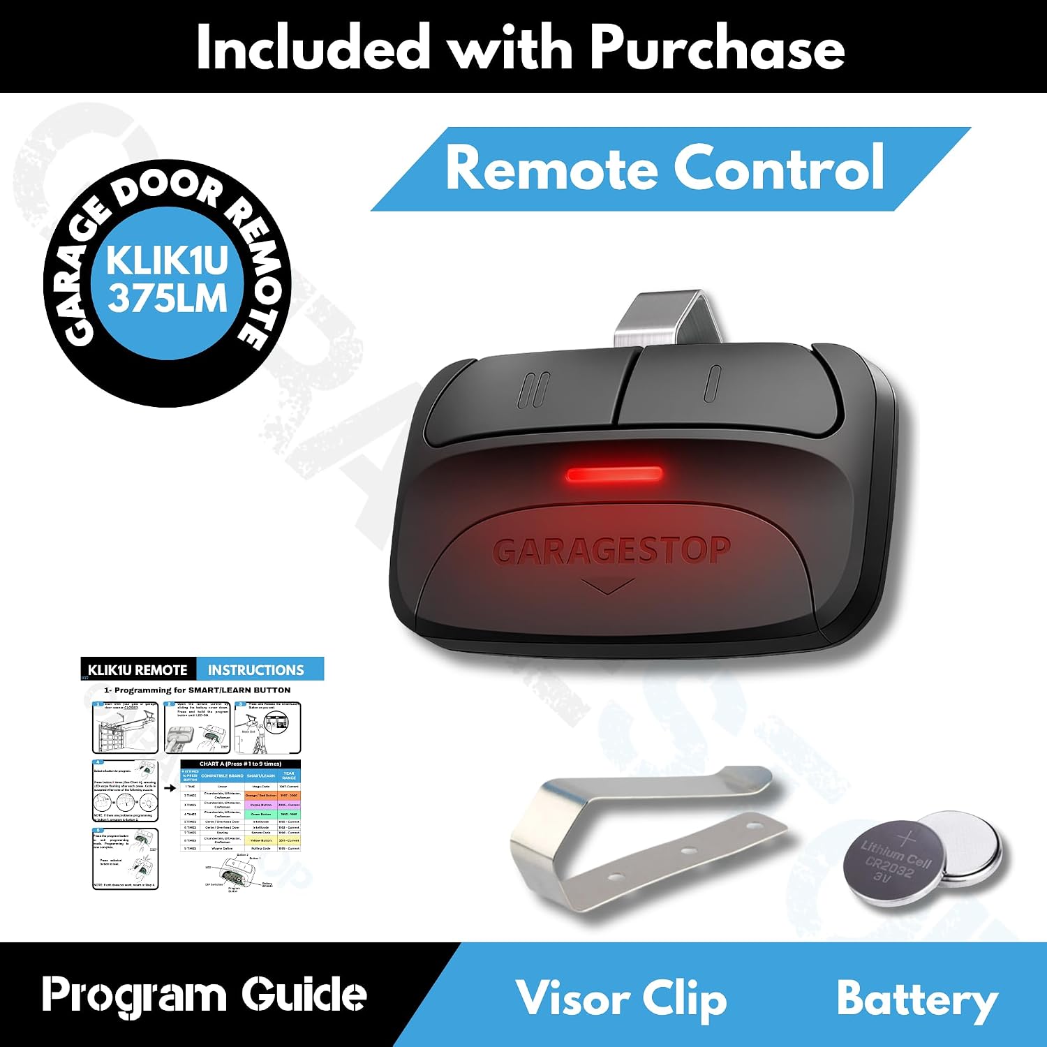 2X Universal Garage Door Opener Remote KLIK1U 375UT 375LM Garage Clicker