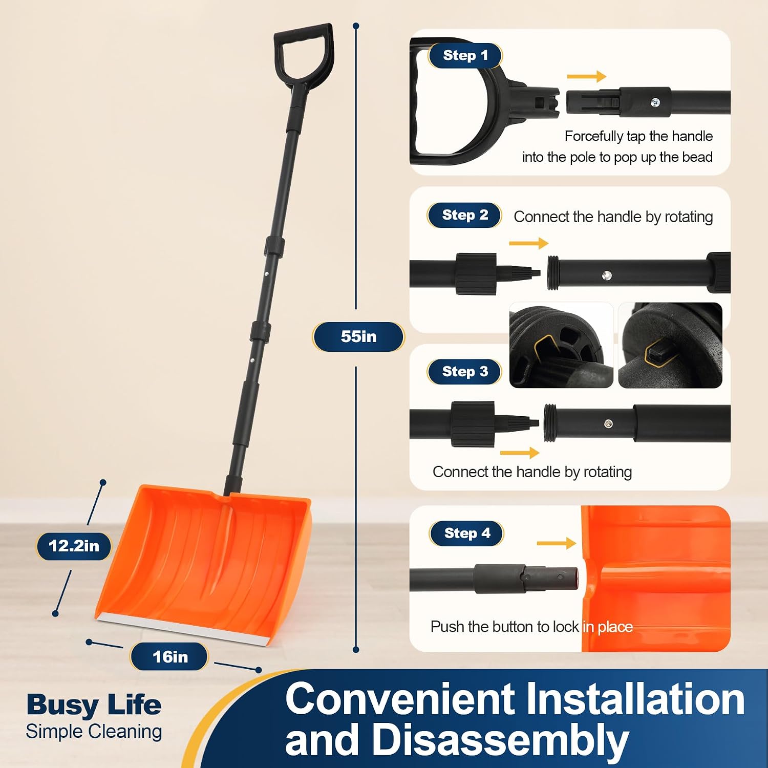 Yocada Snow Shovel 55" Long for Home Garage Driveway Snow Removal | D-Grip Handle Aluminum Strip Large Capacity Orange Shovel for Garden Car Camping